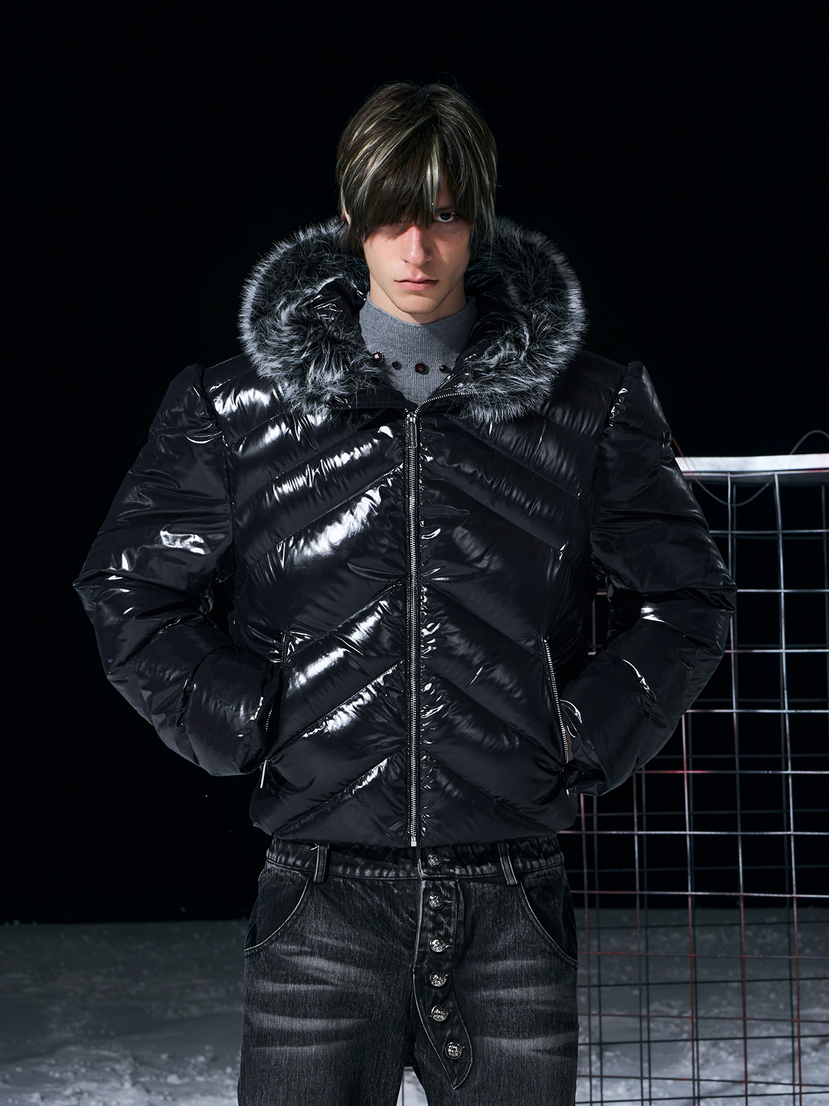 GLOSSY BLACK CHEVRON PUFFER WITH FAUX FUR HOOD