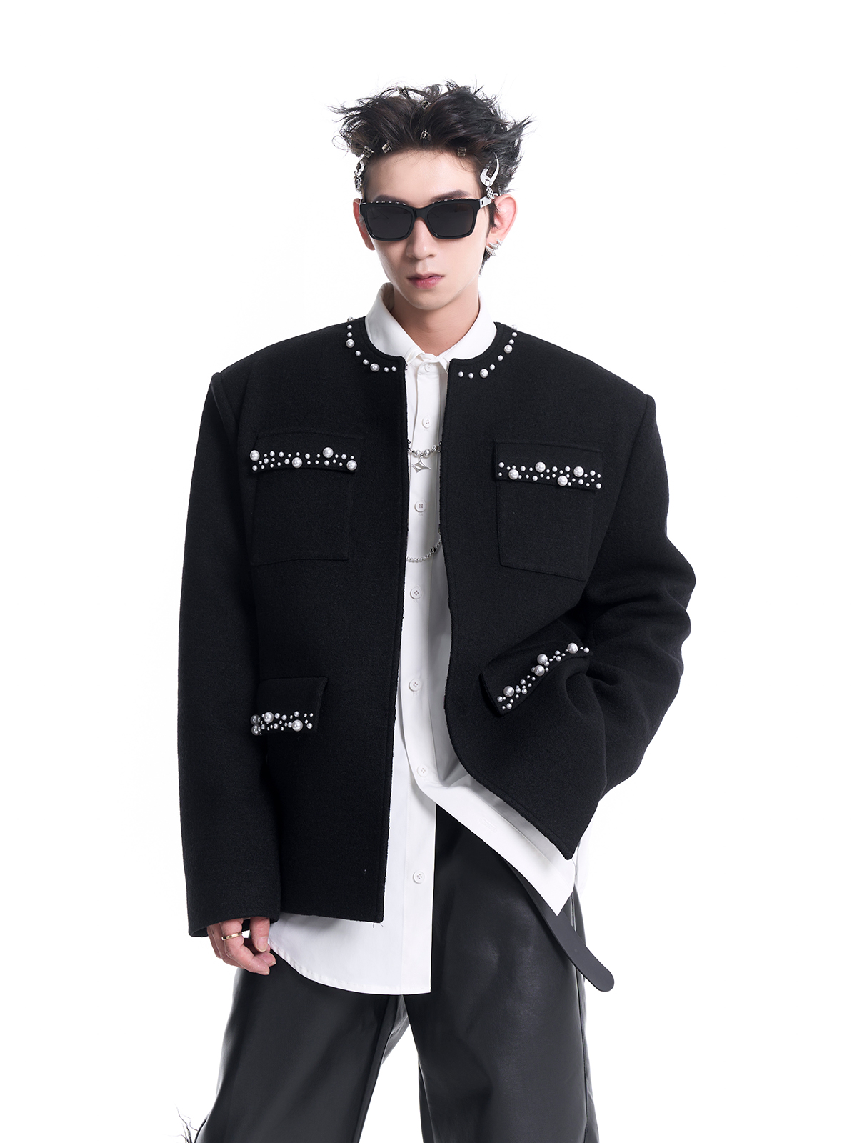 PEARL-TRIMMED COLLARLESS WOOL JACKET-START EXCEED END