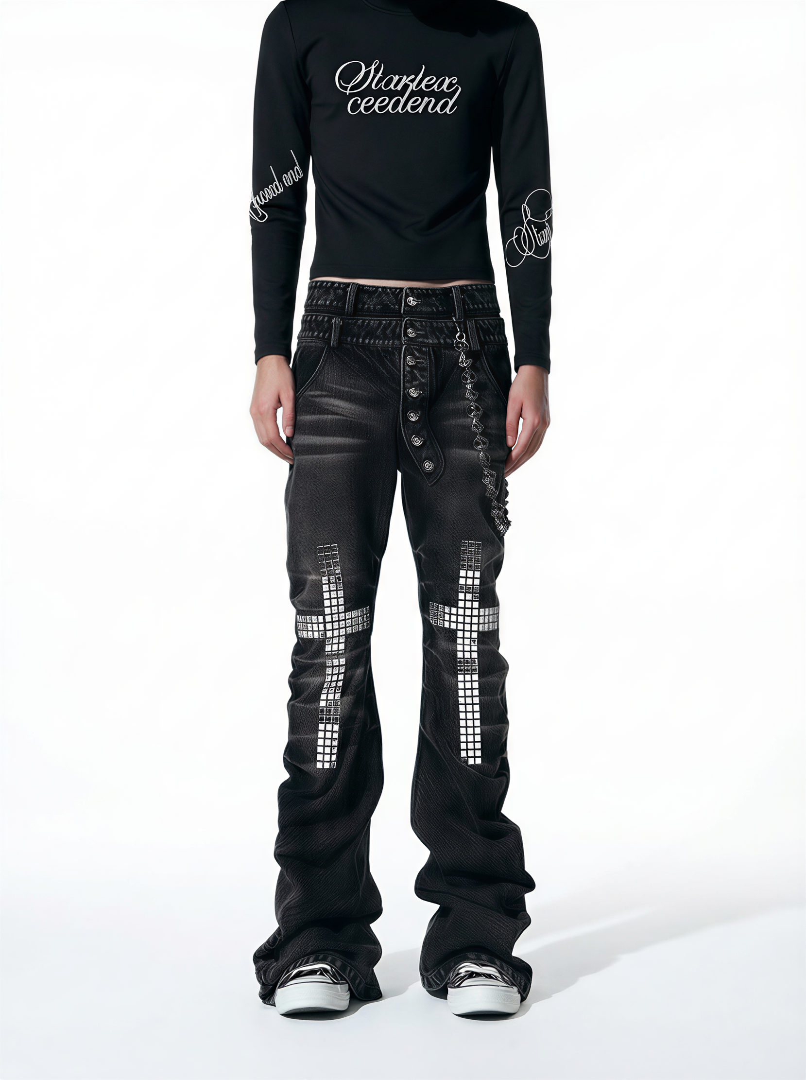 WASHED BLACK MOSAIC CROSS DOUBLE WAISTBAND STACKED JEANS