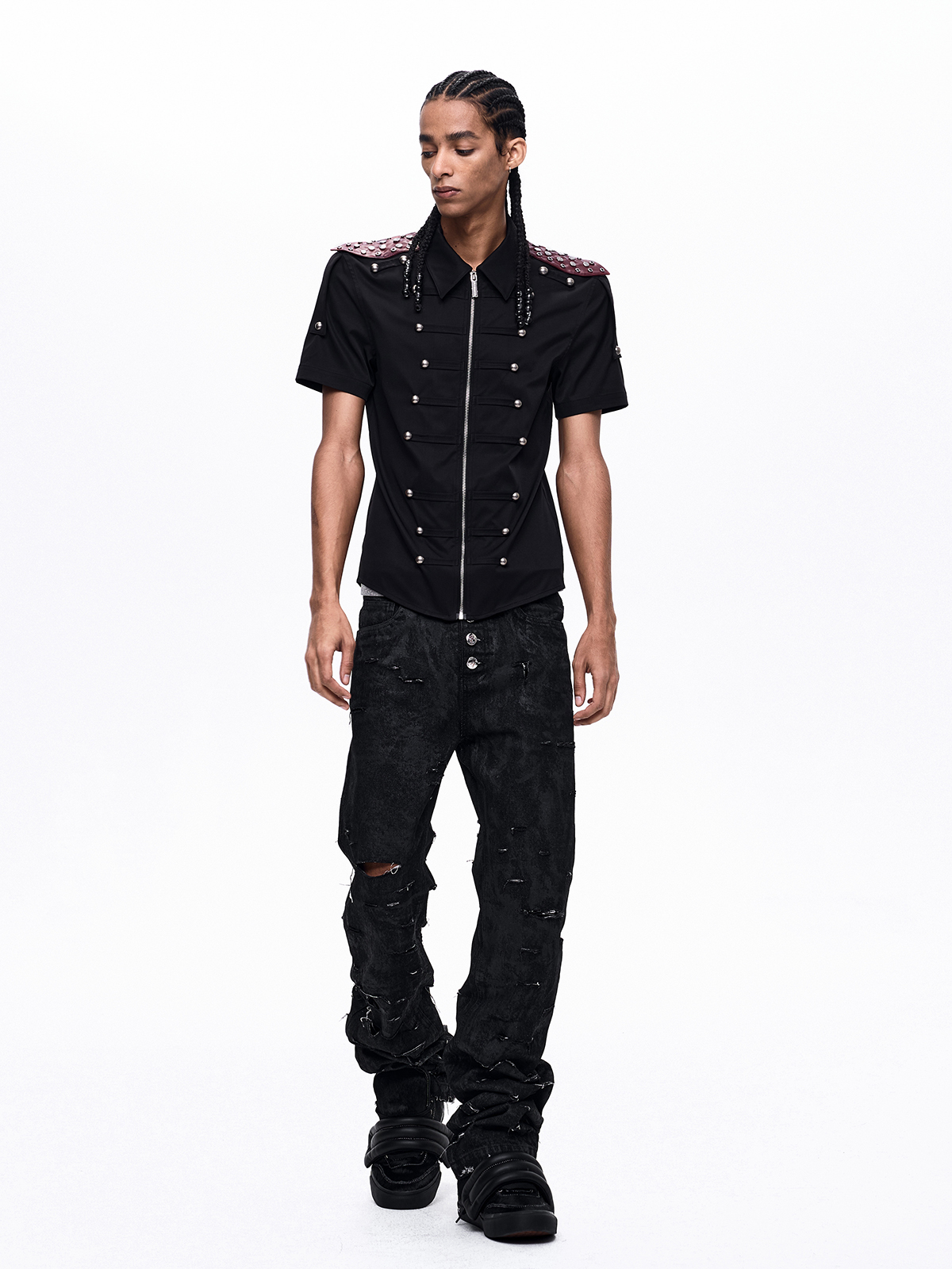 MEDIEVAL STUDDED LEATHER-PANEL ZIP SHIRT