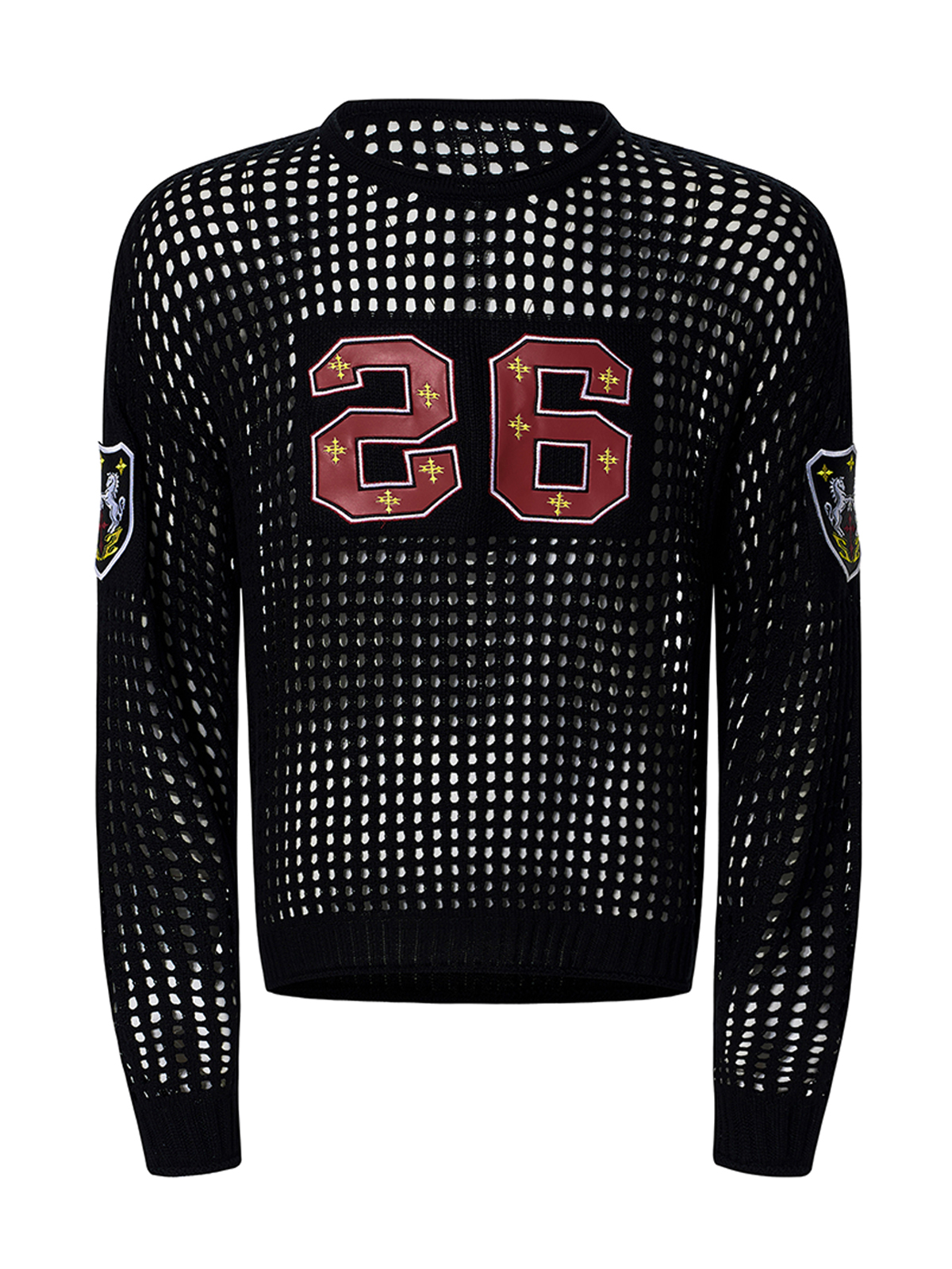 OPEN-KNIT EMBROIDERED BADGE SWEATER-BLACK