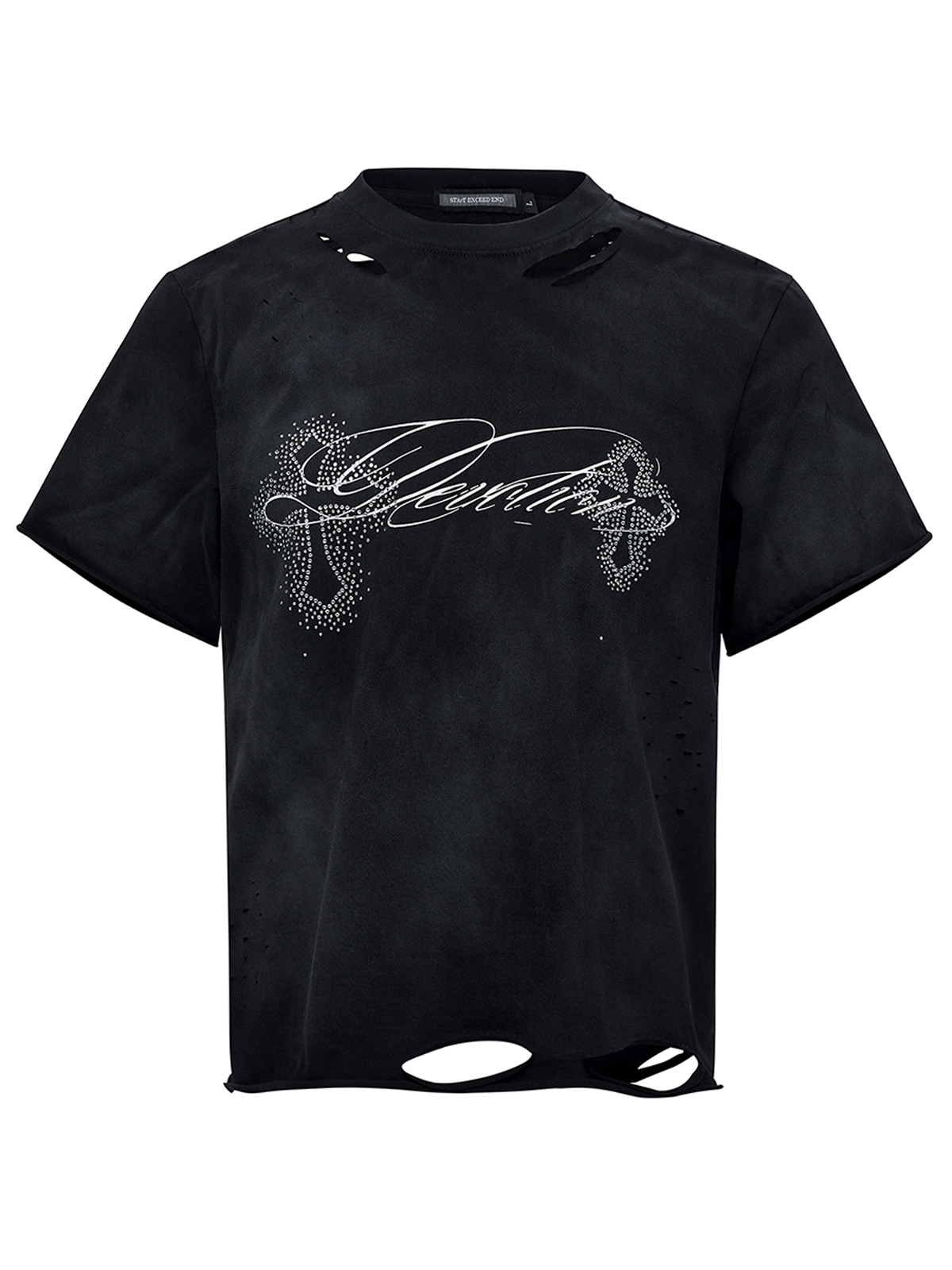 DECONSTRUCTED RHINESTONE CROSS MUD WASH TEE-BLACK