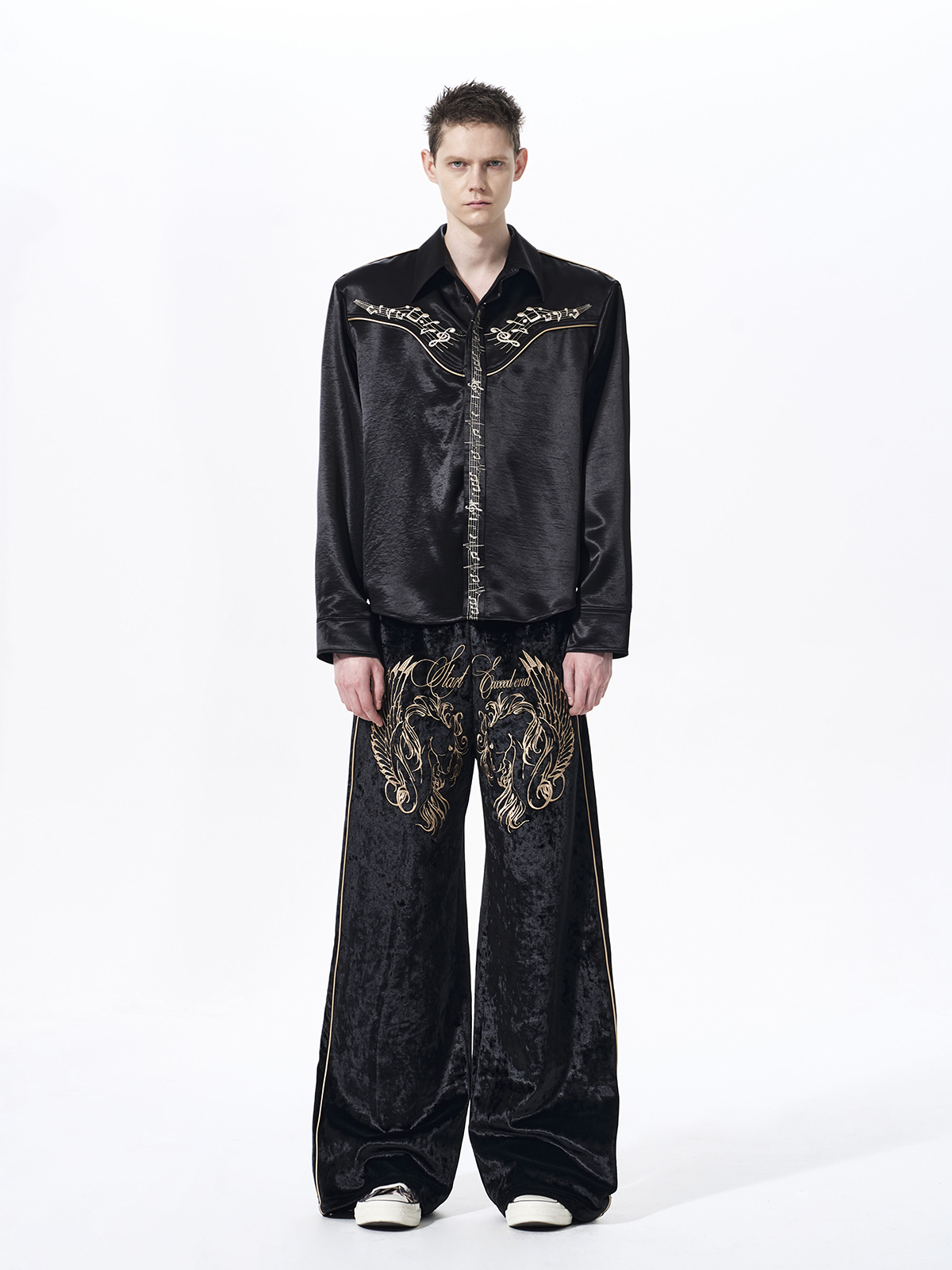 MUSICAL NOTE EMBROIDERED DRAPE SATIN SHIRT-BLACK