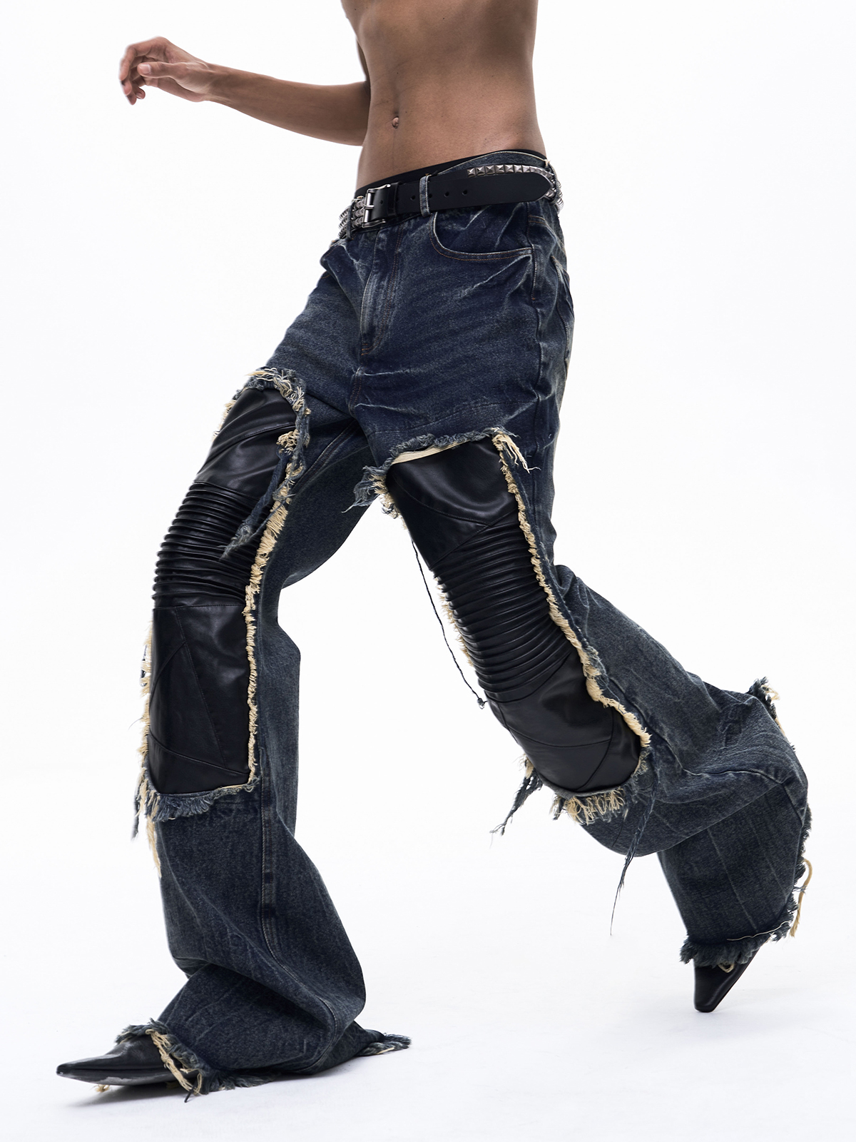 LEATHER PATCHWORK FLARED DENIM