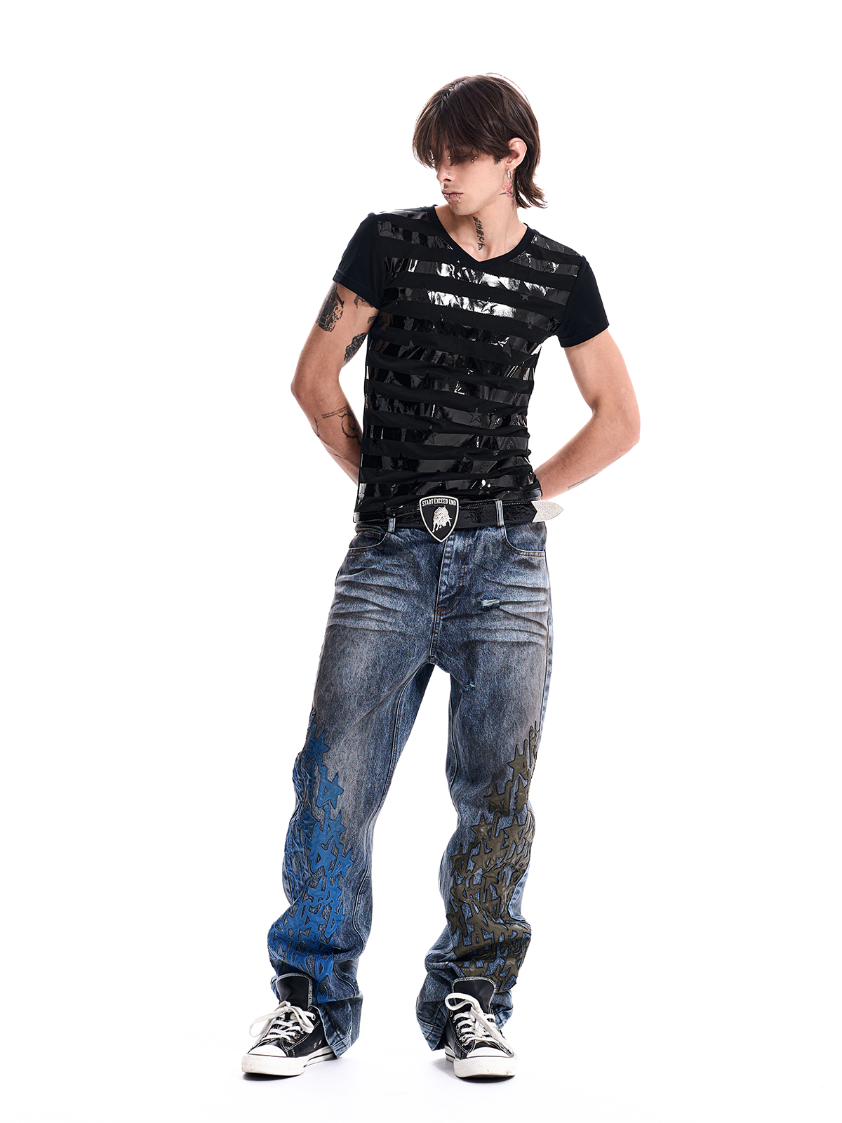RHINESTONE BULL BUCKLE PATENT BELT