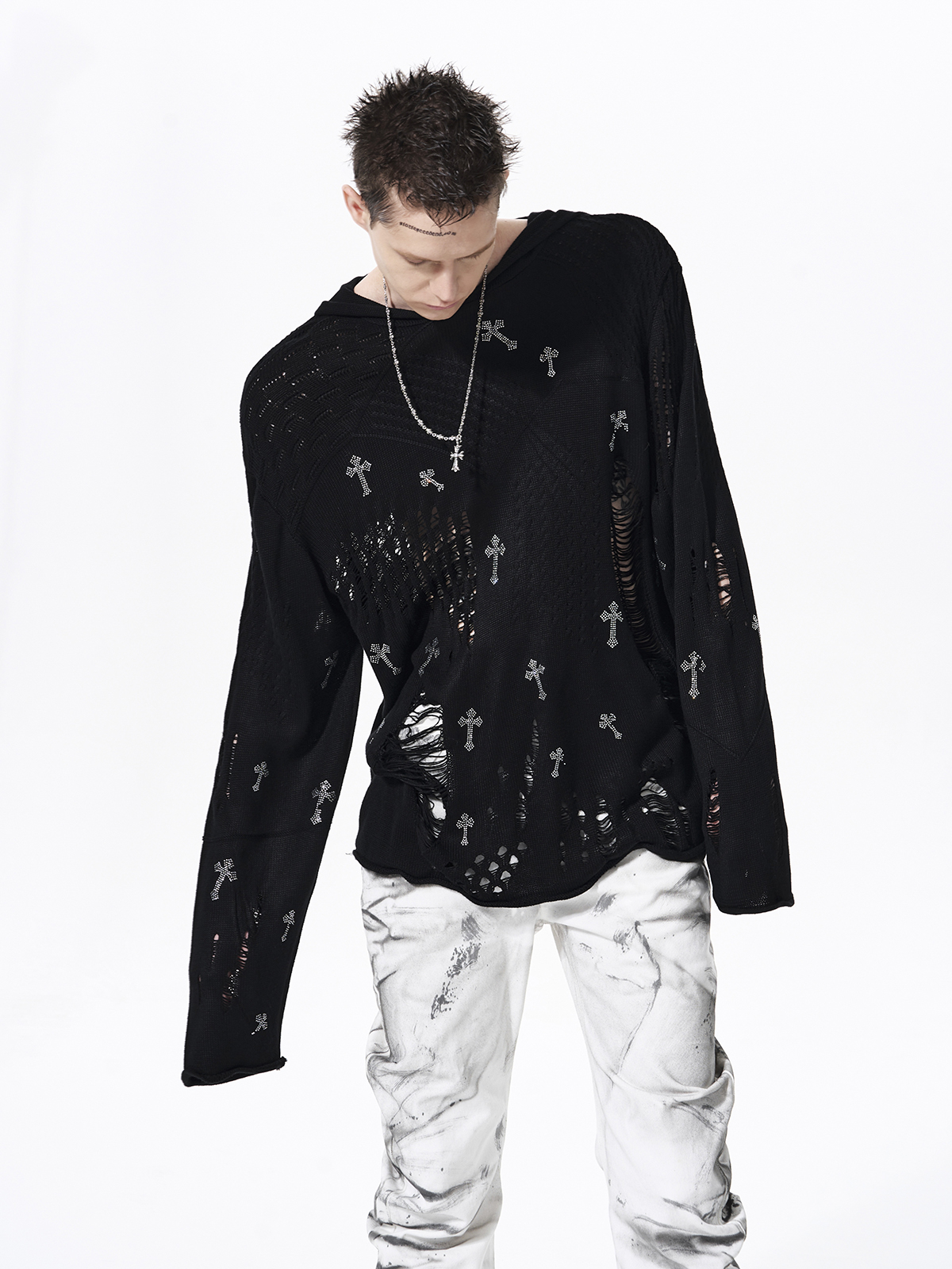 DISTRESSED CROSS RHINESTONE HOODED KNIT SWEATER-BLACK