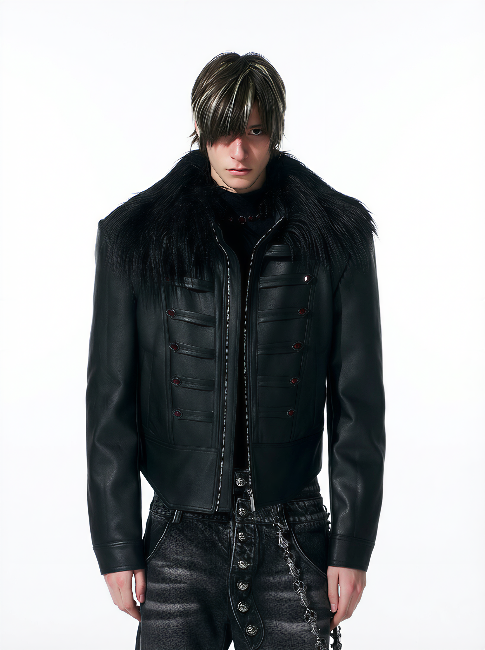 BLACK MILITARY HUSSAR JACKET WITH JEWEL BUTTONS & FUR COLLAR