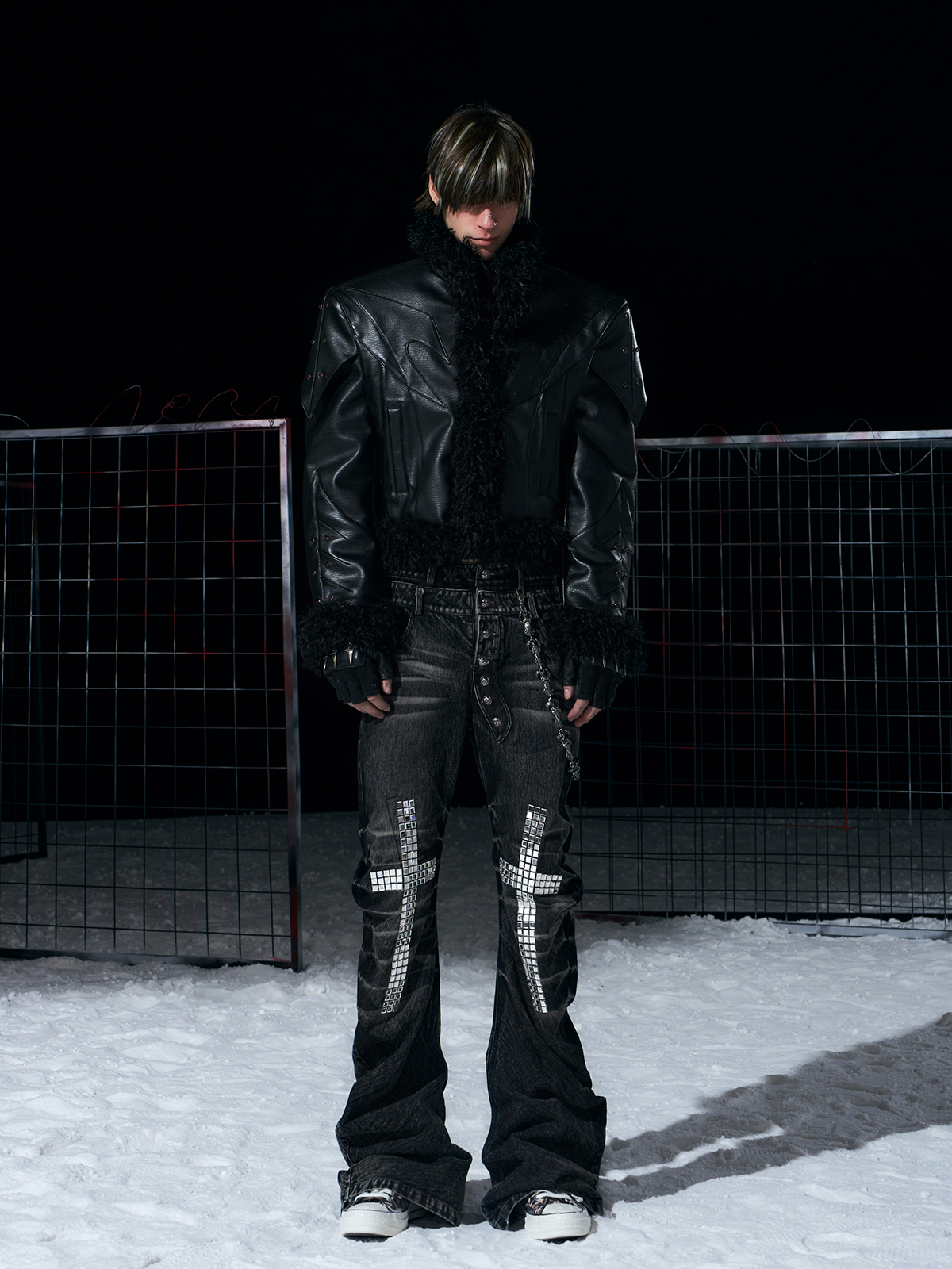 DECONSTRUCTED FUR-TRIM PADDED LEATHER JACKET
