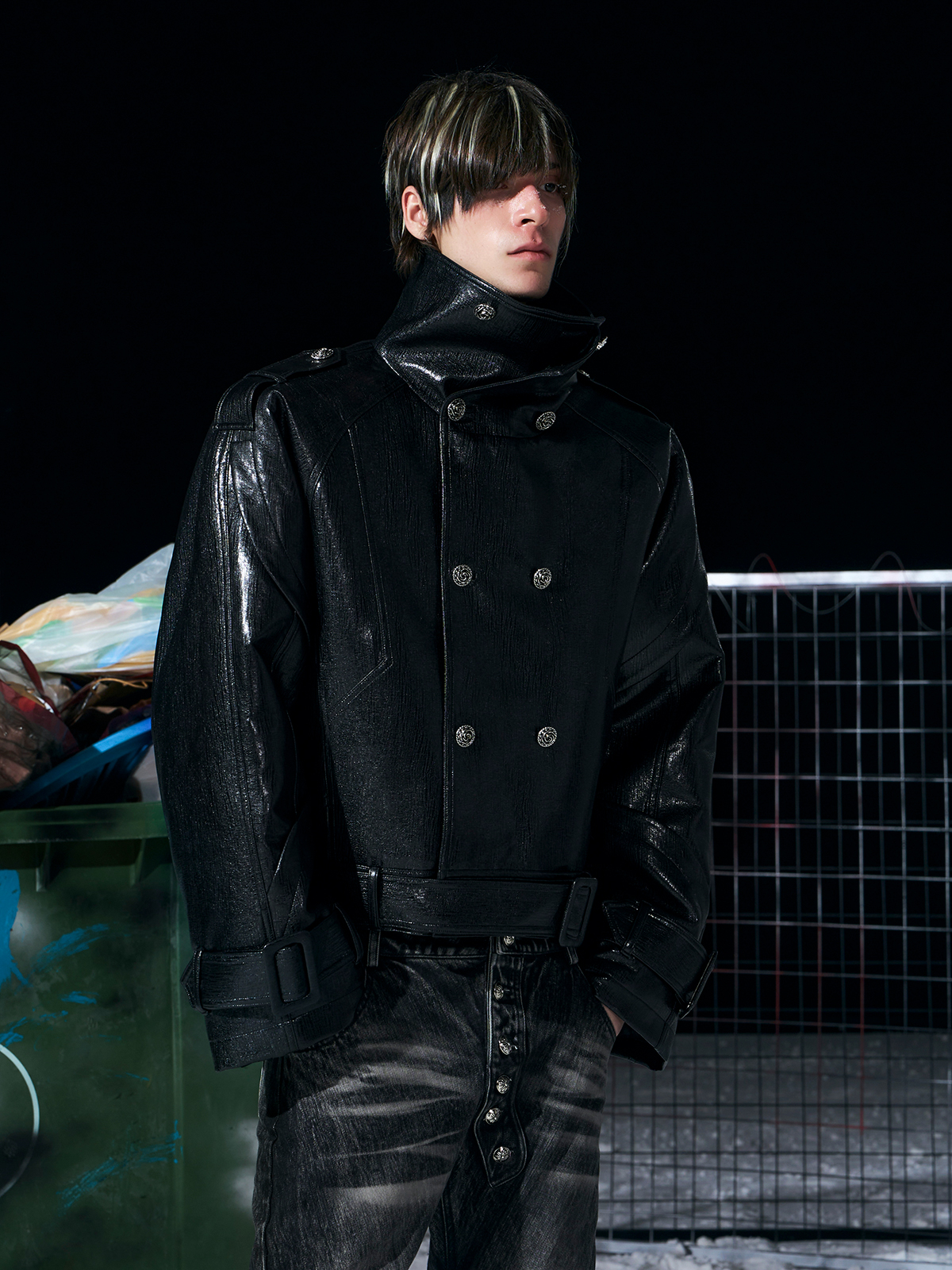 Padded Double-Breasted Cropped Leather Jacket