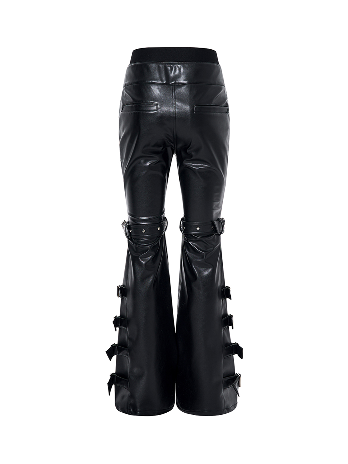 MULTI-BUCKLE STRAP RIVET FLARED PU LEATHER PANTS