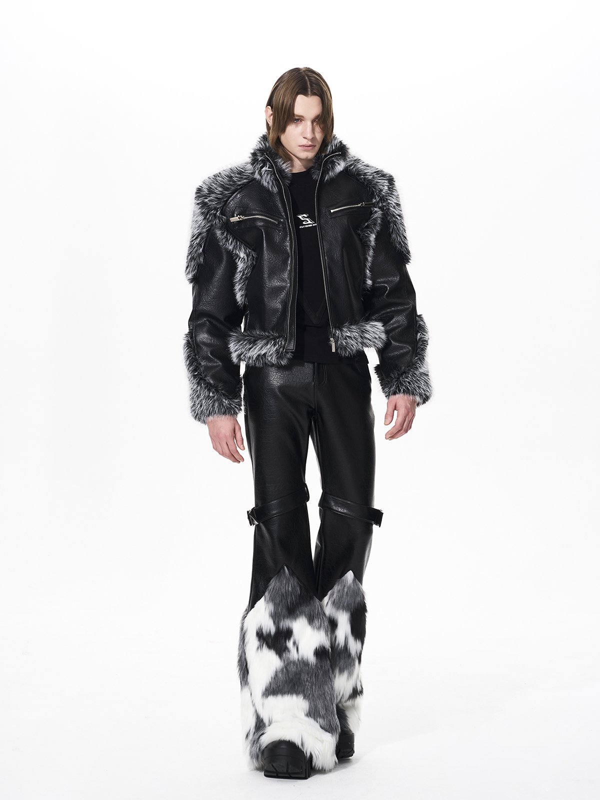 FAUX FUR SPLICED BUCKLE STRAP FLARED LEATHER PANTS