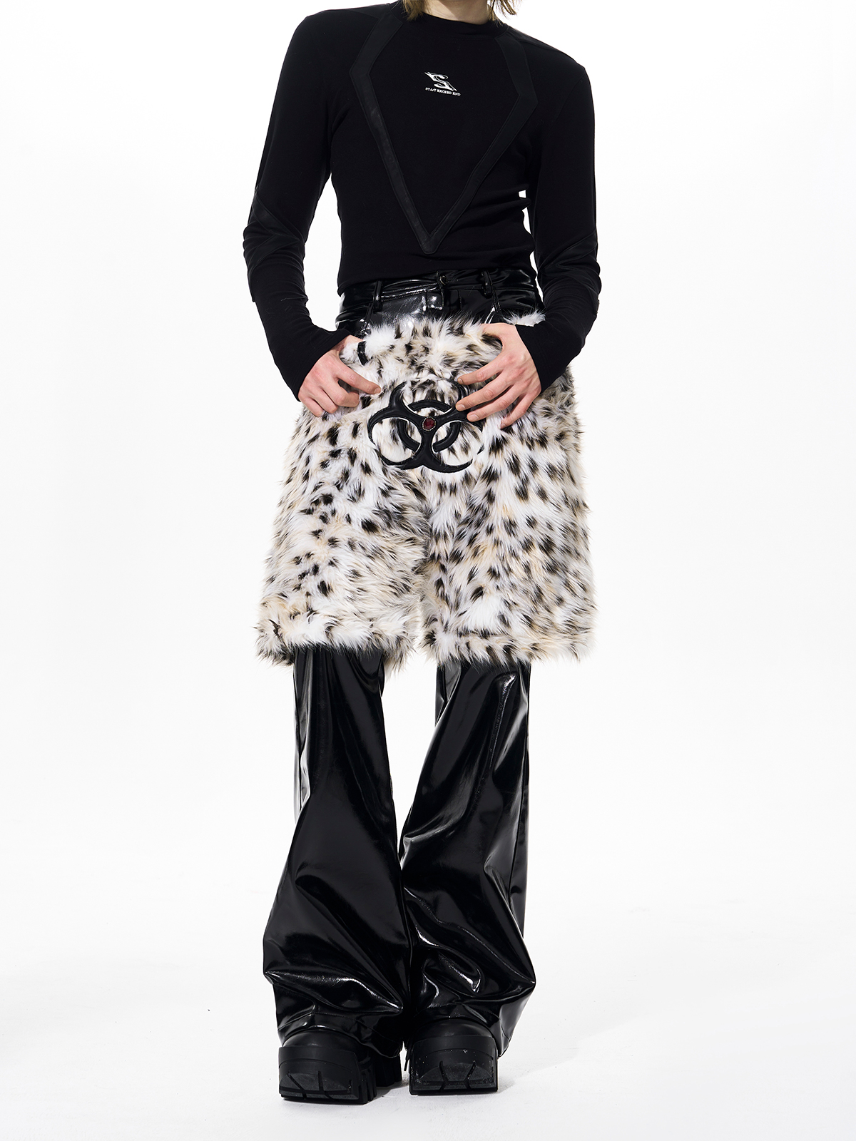 LEOPARD FUR LAYERED PATENT LEATHER FLARED PANTS