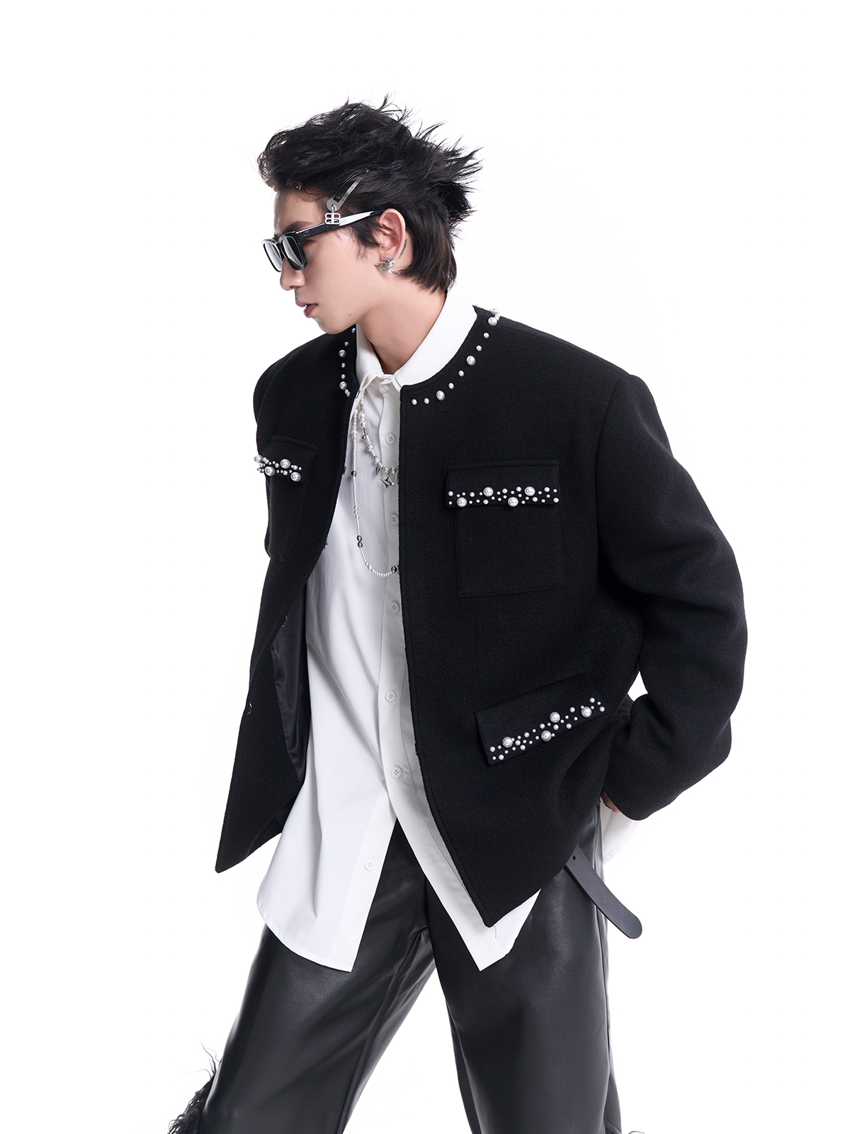 PEARL-TRIMMED COLLARLESS WOOL JACKET-START EXCEED END