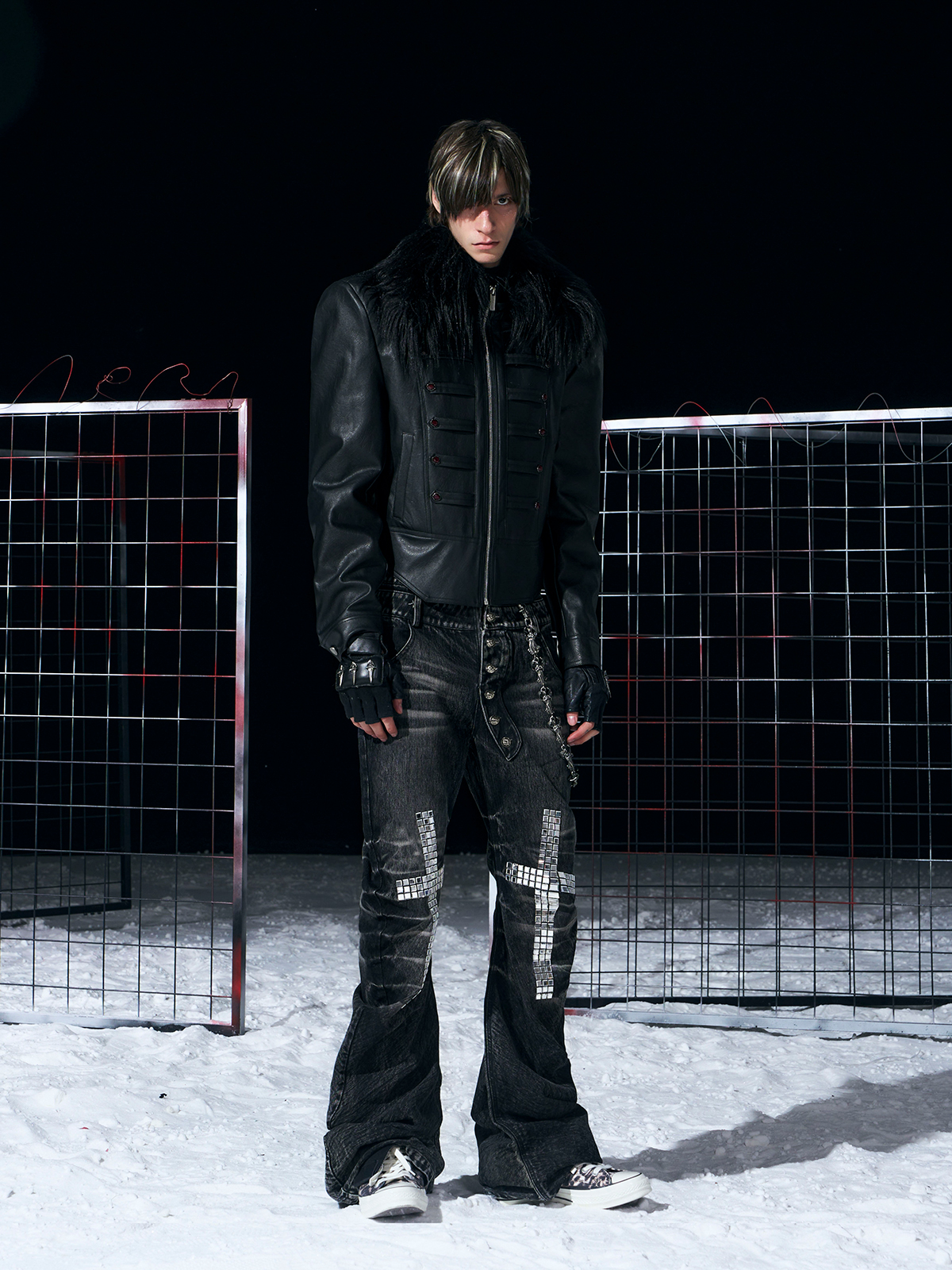 BLACK MILITARY HUSSAR JACKET WITH JEWEL BUTTONS & FUR COLLAR