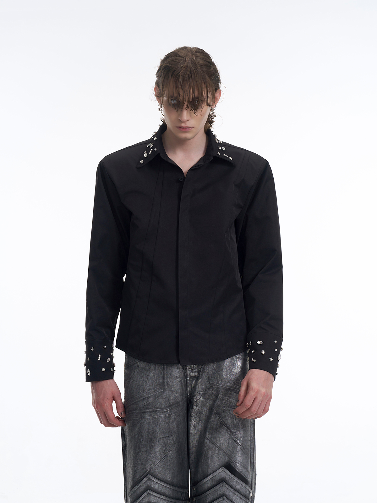 CRYSTAL COLLAR & CUFF CONCEALED PLACKET SHIRT - BLACK-START EXCEED END