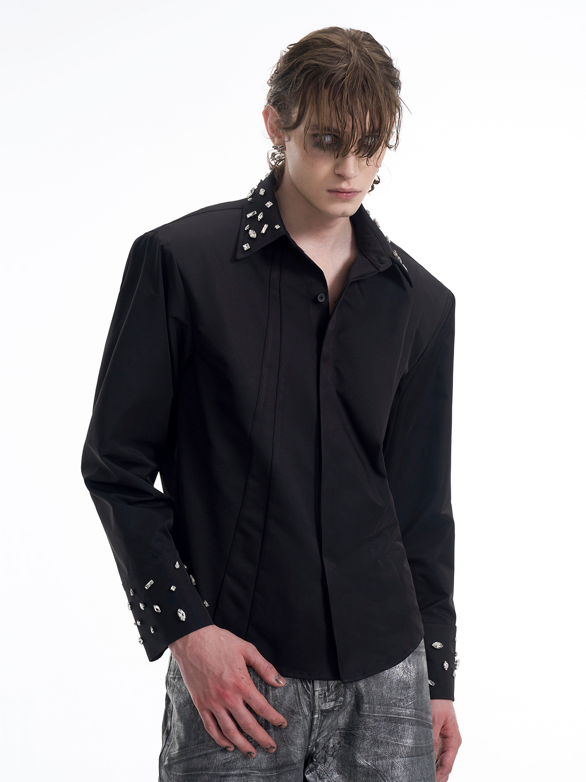 CRYSTAL COLLAR & CUFF CONCEALED PLACKET SHIRT - BLACK-START EXCEED END