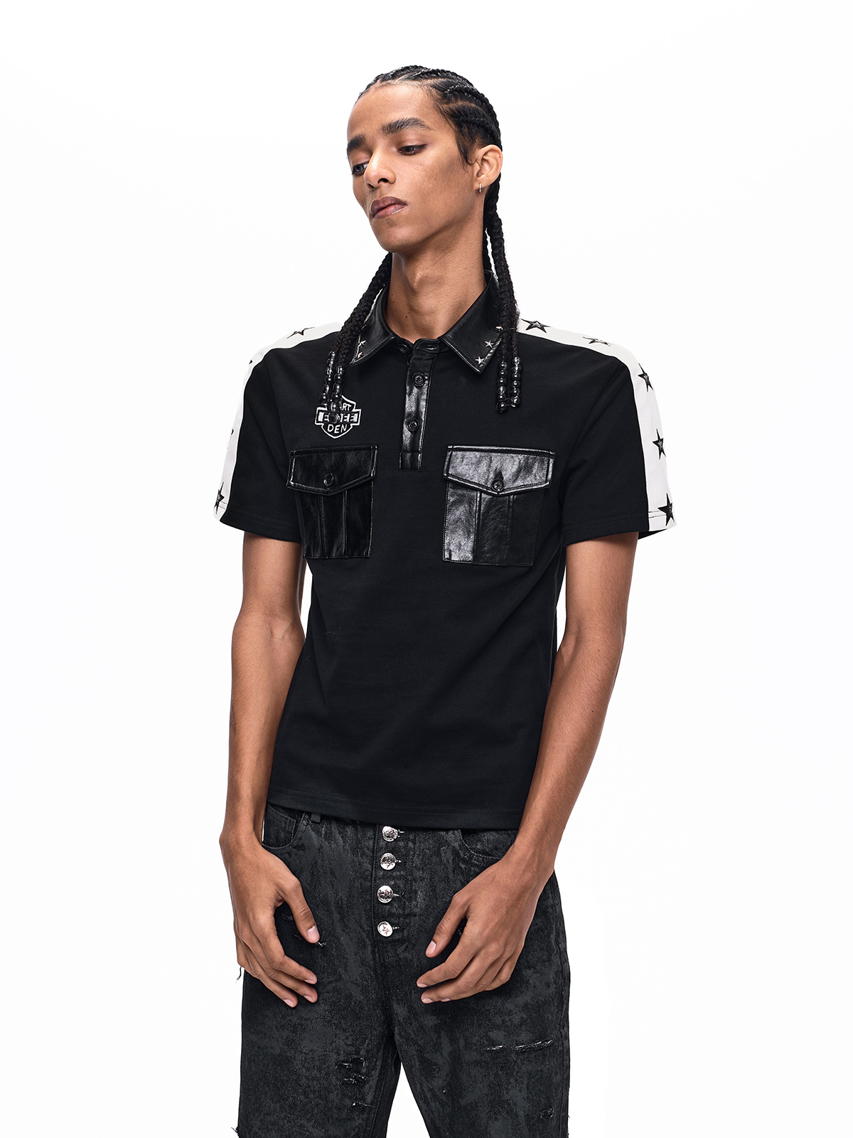 STAR STUDDED LEATHER-PANEL POLO SHIRT