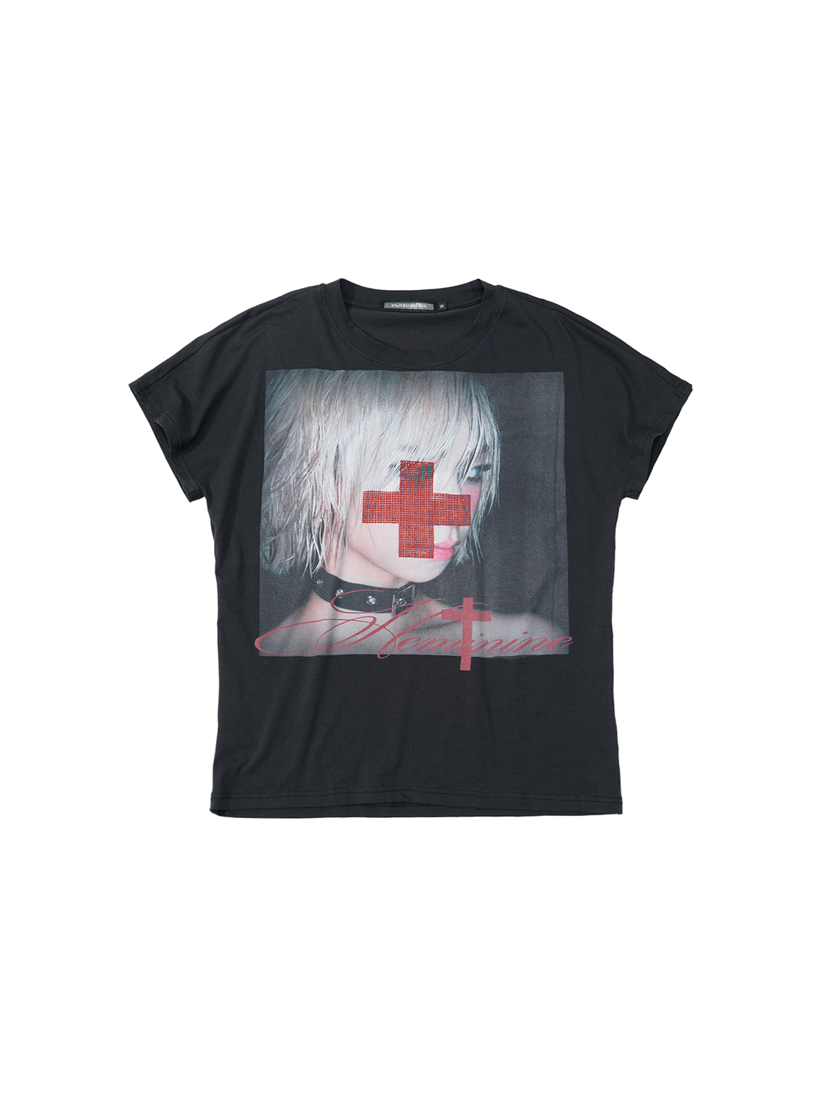 RHINESTONE CROSS PORTRAIT TEE-BLACK