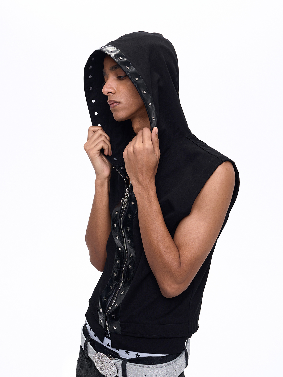 TUDDED CROSS LEATHER-PANEL HOODED VEST