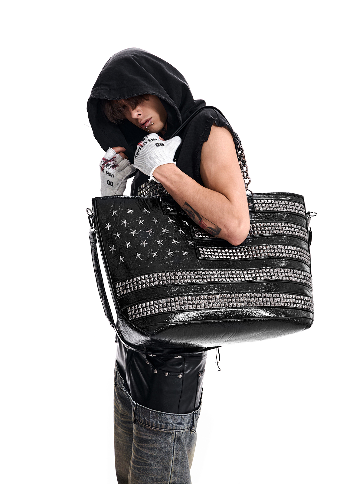 STUDDED AMERICAN FLAG TOTE BAG