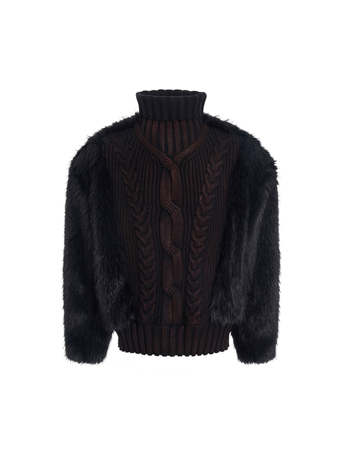 VOID BLACK CABLE KNIT & FUR HYBRID PULLOVER-START EXCEED END
