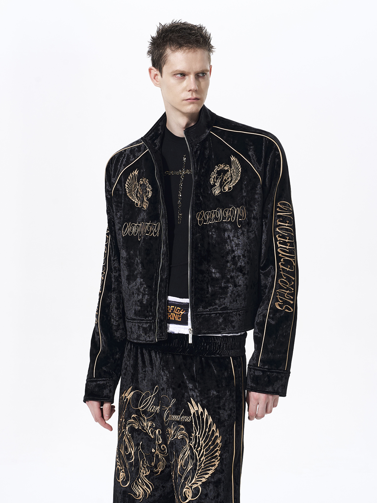 CRUSHED VELVET EMBROIDERED TRACKSUIT SET-BLACK