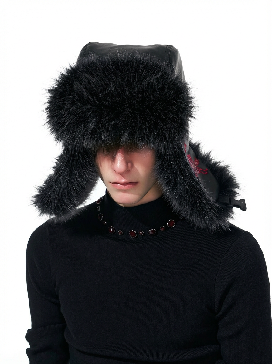 BLACK LEATHER FUR TRAPPER