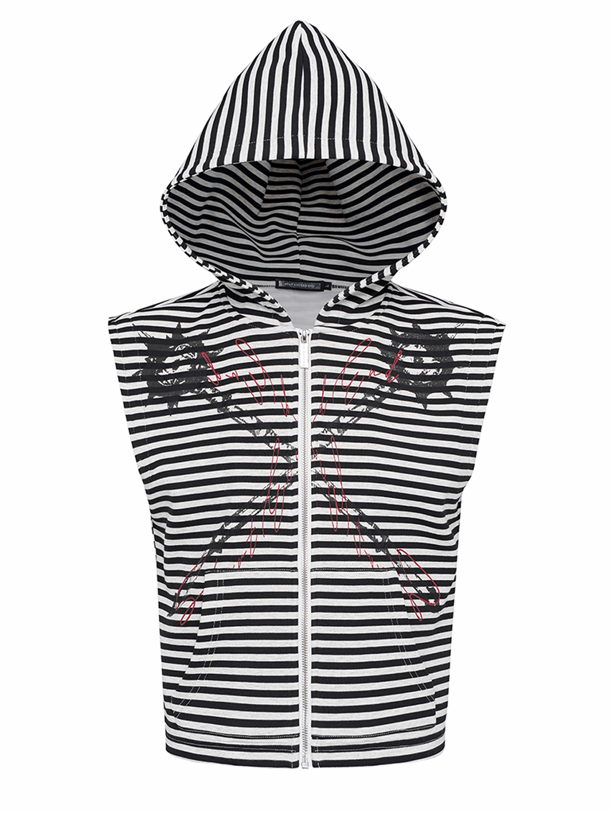 STRIPED MORNING STAR ZIP HOODIE VEST-BLACK/WHITE
