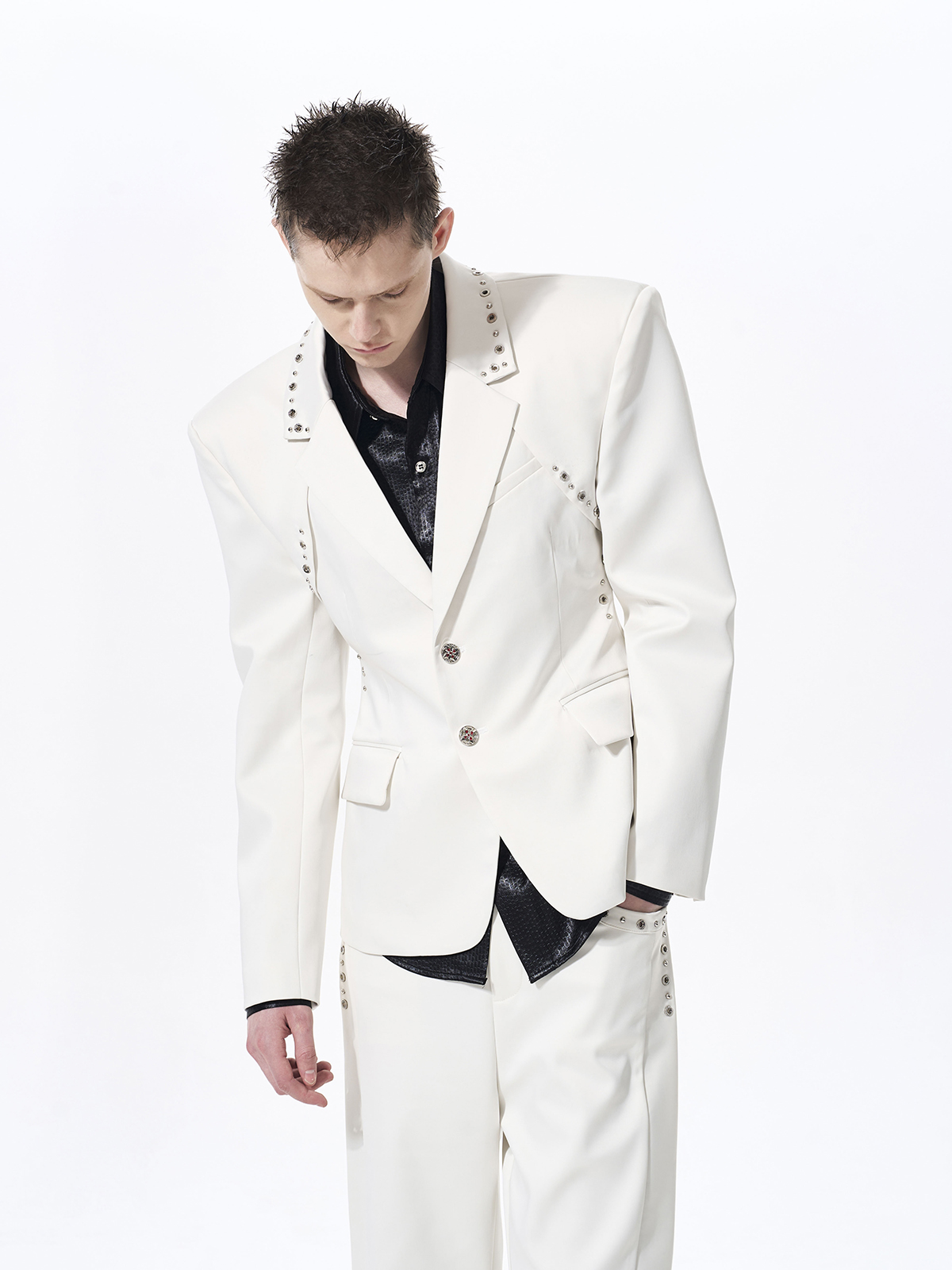 DECONSTRUCTED CINCHED WAIST SUIT SET-WHITE