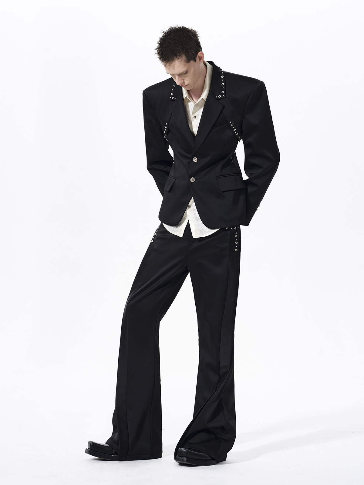 DECONSTRUCTED CINCHED WAIST SUIT SET-BLACK