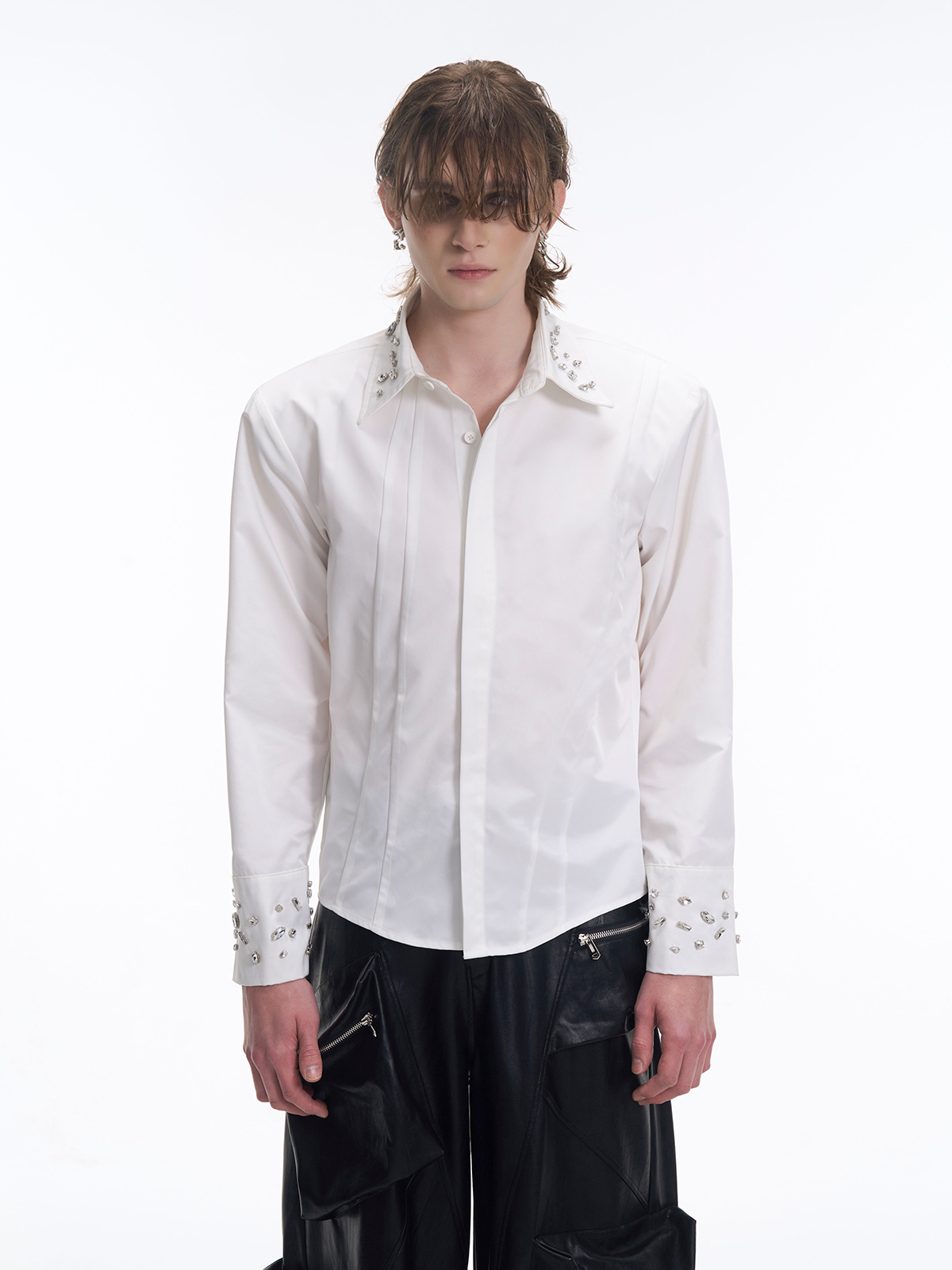 CRYSTAL COLLAR & CUFF CONCEALED PLACKET SHIRT - WHITE-START EXCEED END