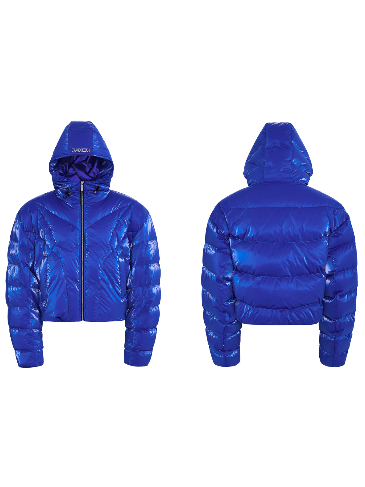 ELECTRIC BLUE HIGH-GLOSS CROPPED HOODED PUFFER