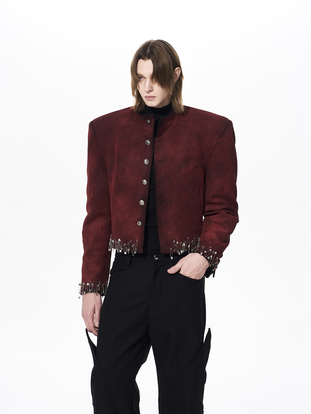 DISTRESSED SUEDE SAFETY PIN CROPPED JACKET-RED