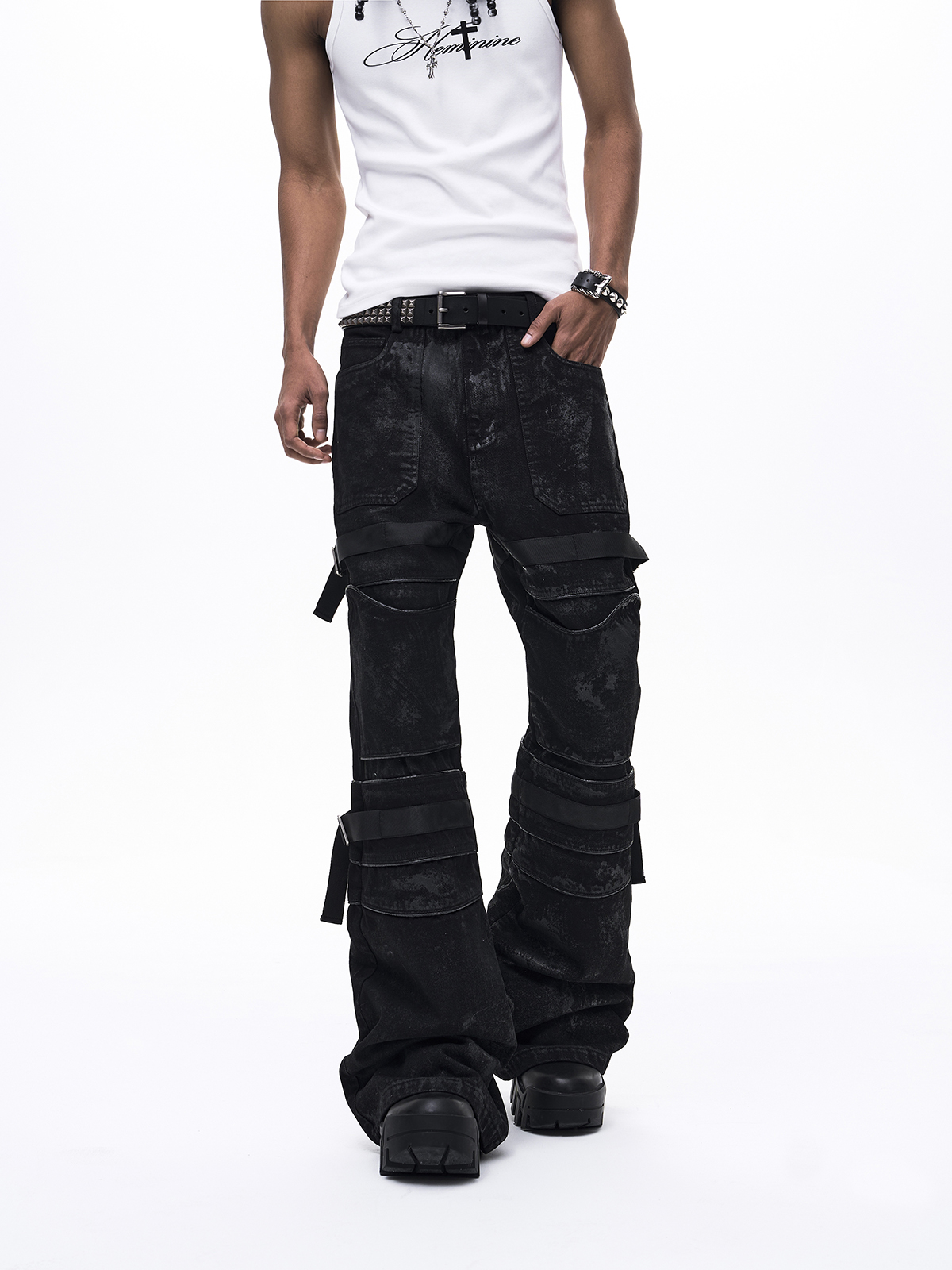 WAXED BONDAGE SLIGHT FLARE DENIM-BLACK