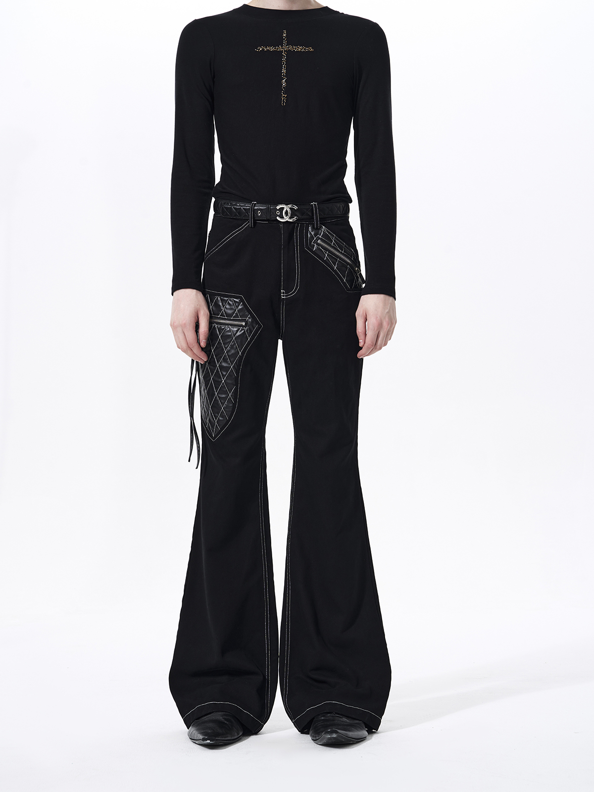 QUILTED LEATHER PATCHWORK FLARED DENIM