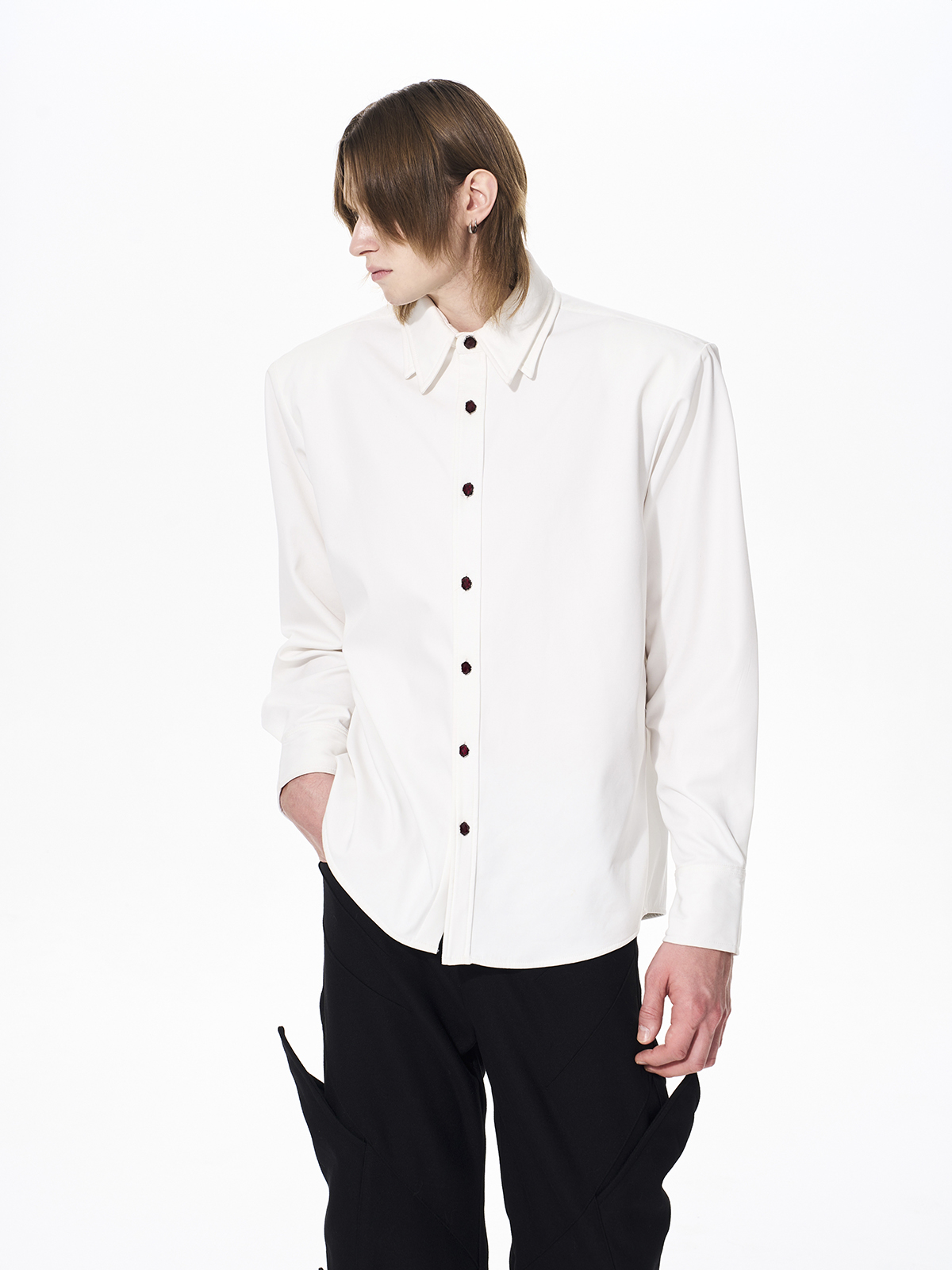 DOUBLE-COLLAR GEM-BUTTON STRUCTURED SHIRT-WHITE
