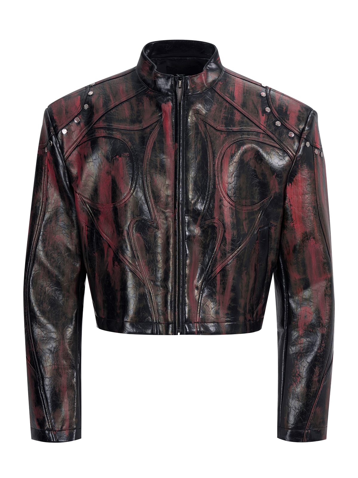 CROPPED STUDDED MOTO JACKET-BRUSHED BLACK/RED