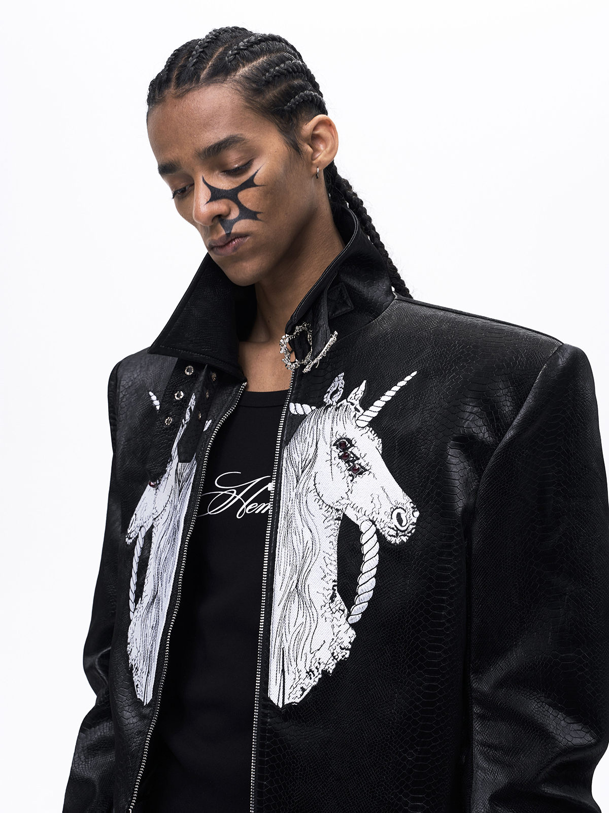 EMBROIDERED UNICORN STAND COLLAR LEATHER JACKET