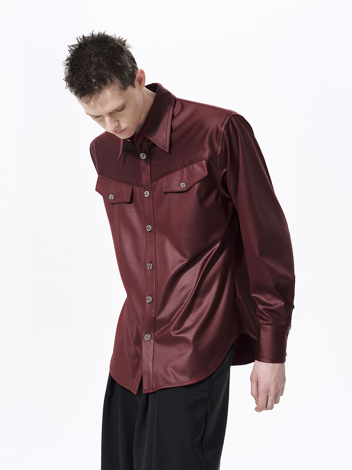 FAUX ACETATE STRUCTURED SHOULDER SHIRT-BURGUNDY