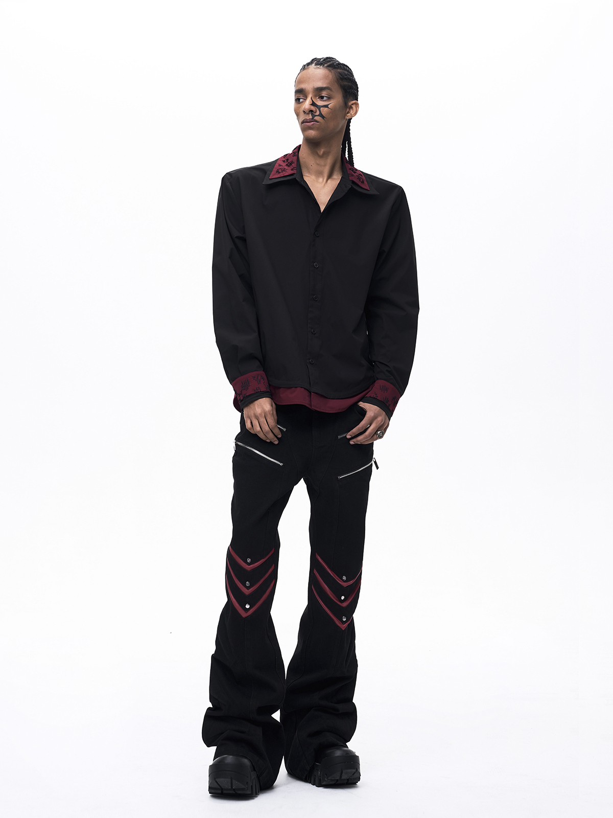 FAKE TWO-PIECE DOUBLE COLLAR SHIRT-BLACK