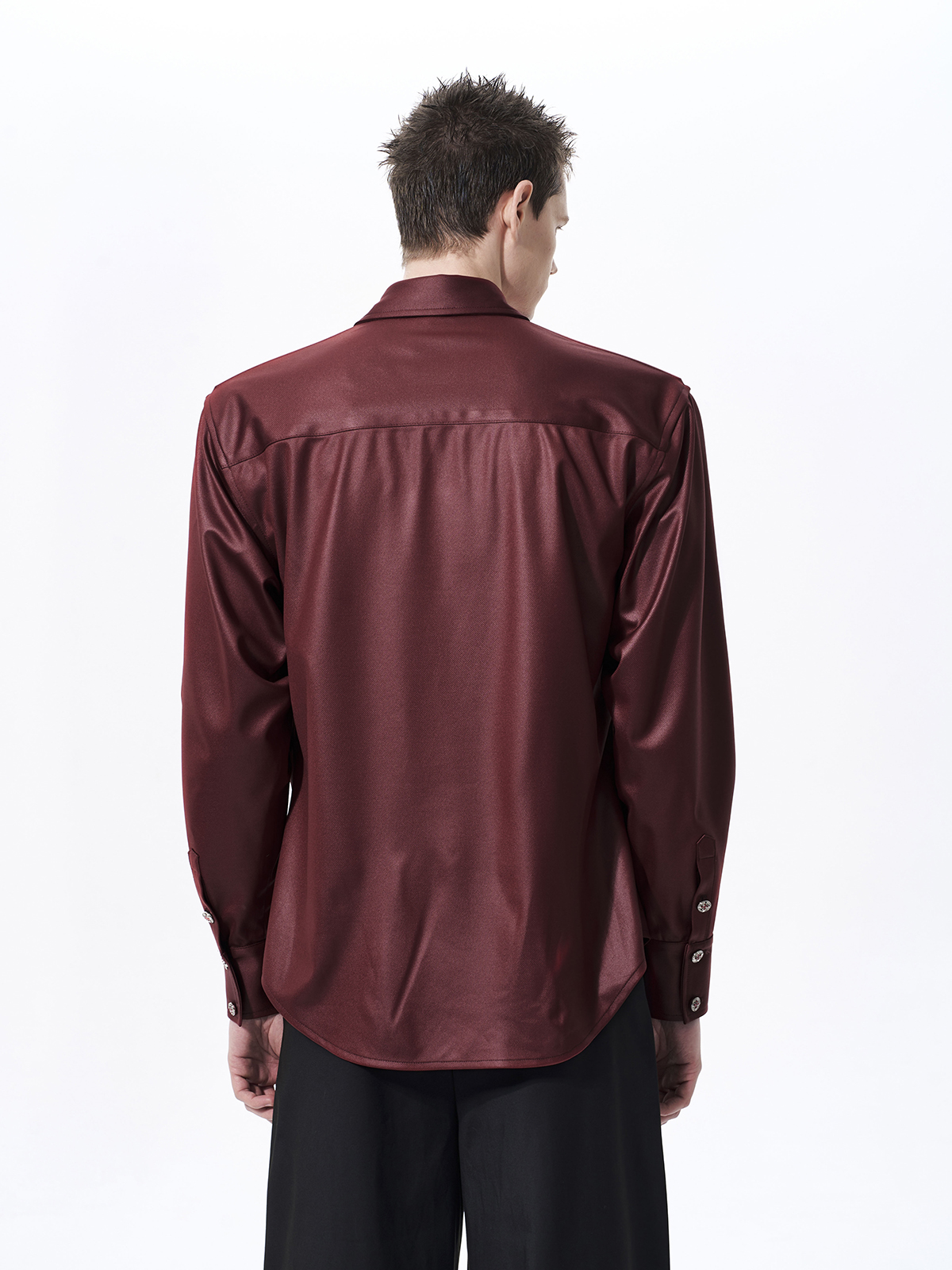 FAUX ACETATE STRUCTURED SHOULDER SHIRT-BURGUNDY