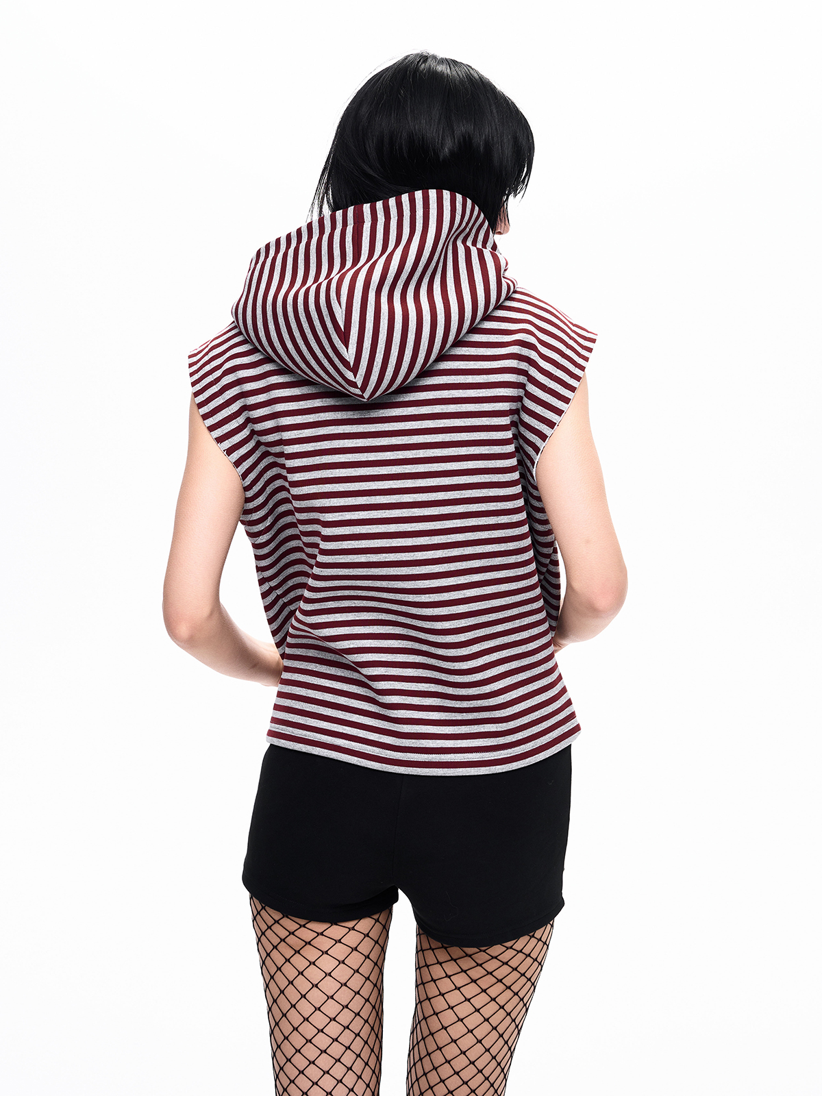 STRIPED MORNING STAR ZIP HOODIE VEST-BURGUNDY/GREY