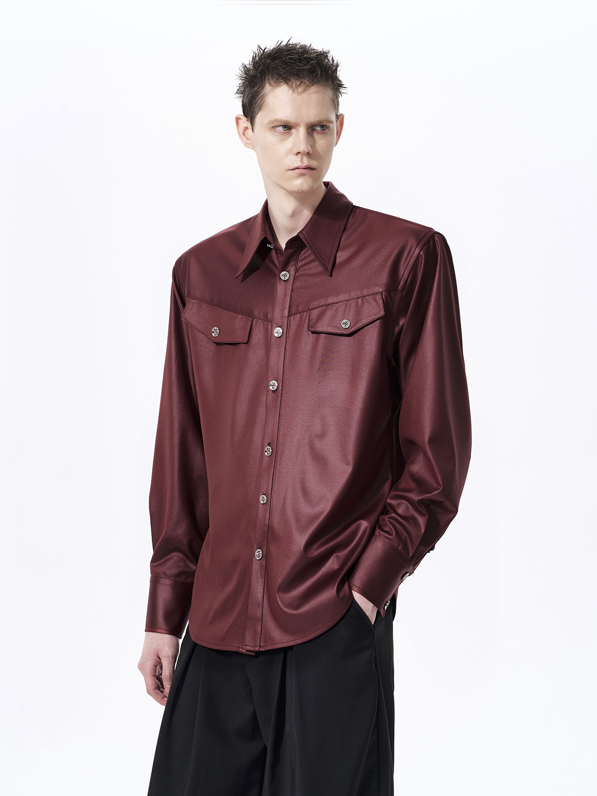 FAUX ACETATE STRUCTURED SHOULDER SHIRT-BURGUNDY