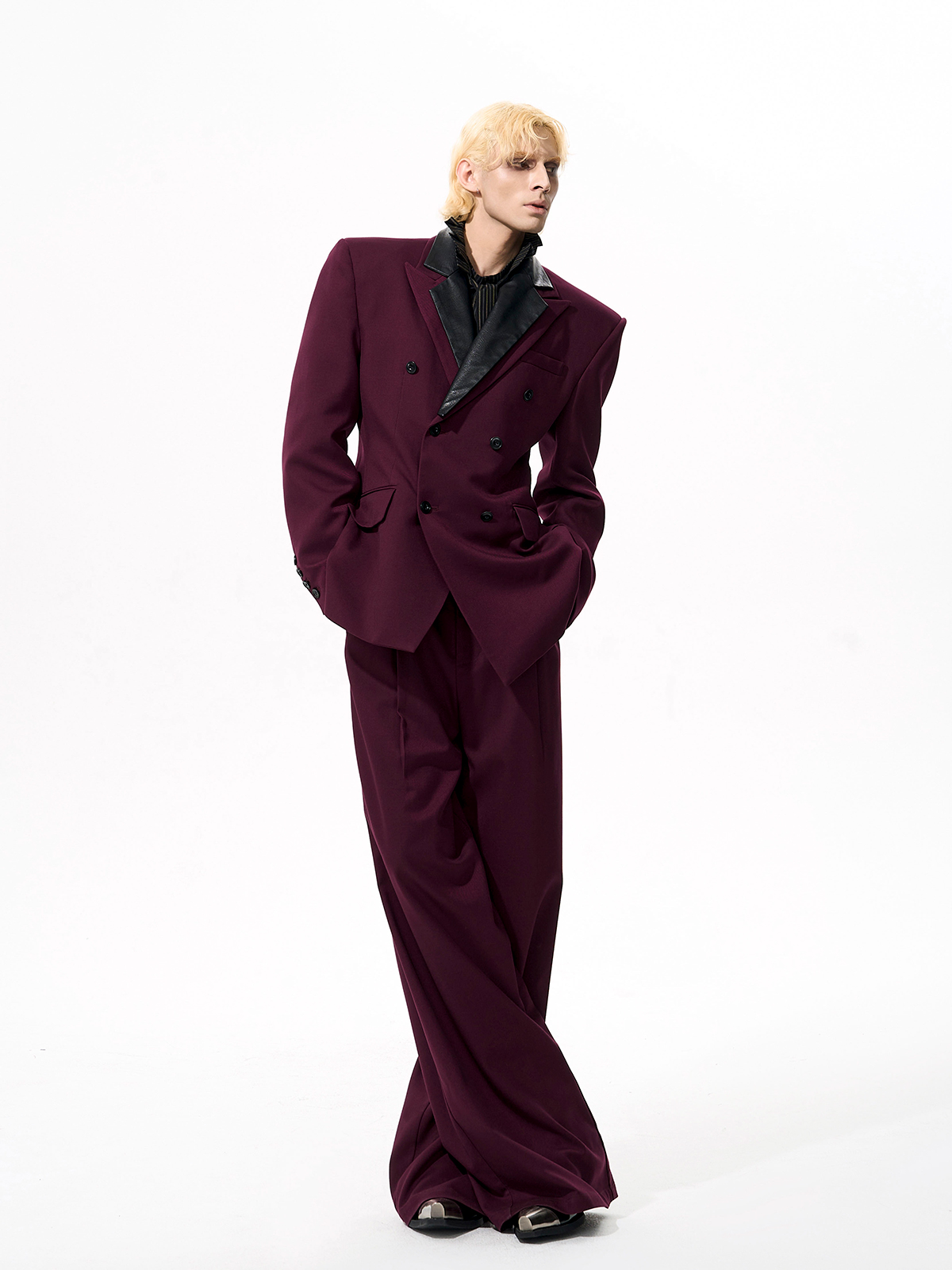 DETACHABLE LEATHER COLLAR SCULPTED SUIT SET-BURGUNDY