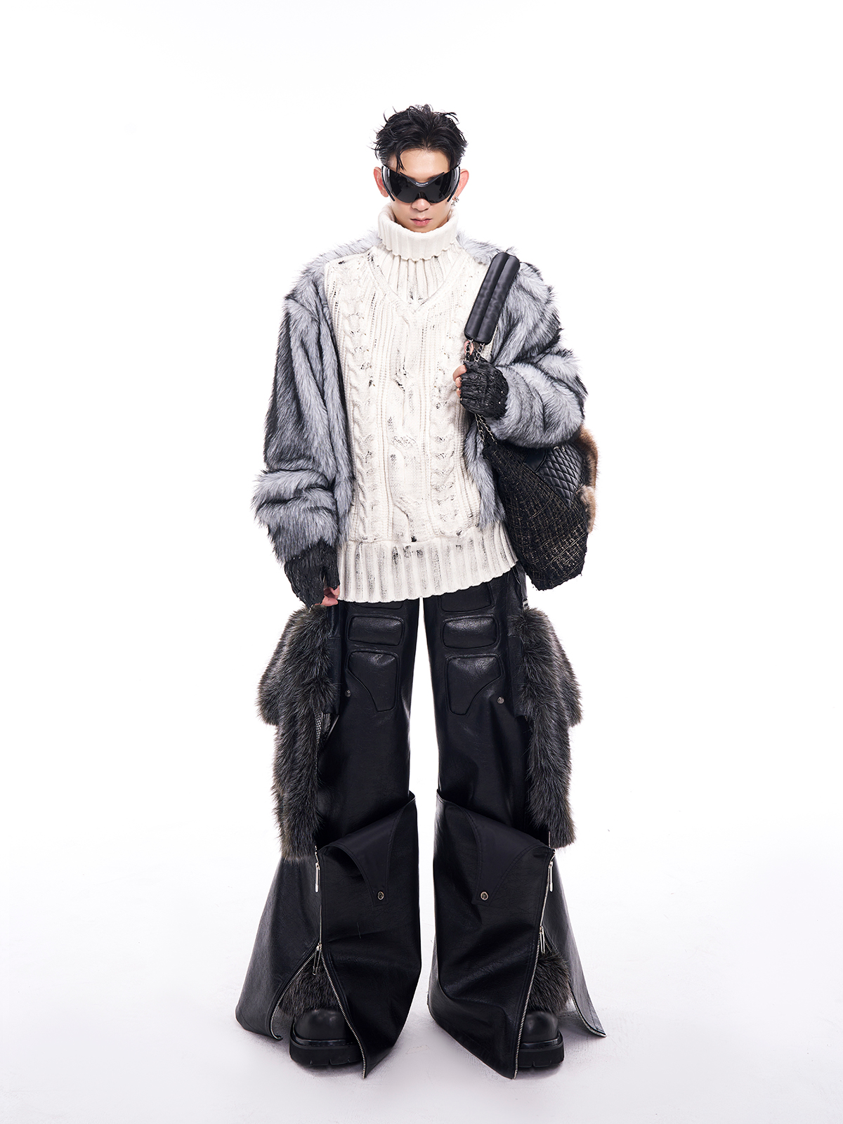 DIRTY WHITE KNIT & SILVER GREY FUR HYBRID PULLOVER-START EXCEED END