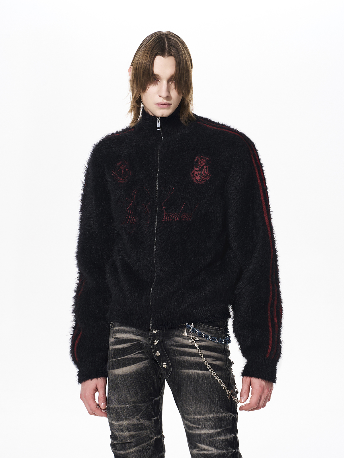 FUZZY CREST ZIP KNIT-BLACK