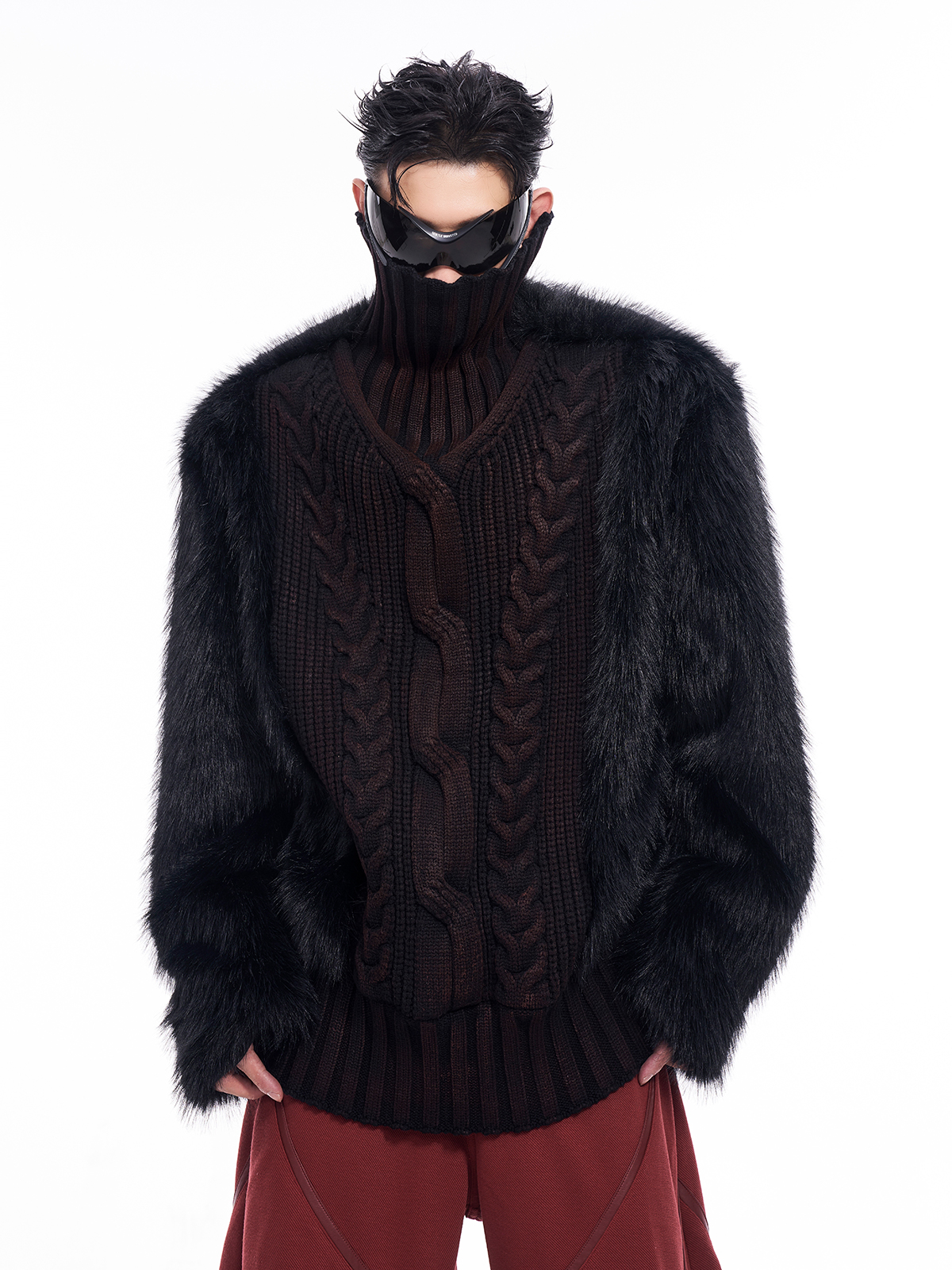 VOID BLACK CABLE KNIT & FUR HYBRID PULLOVER-START EXCEED END