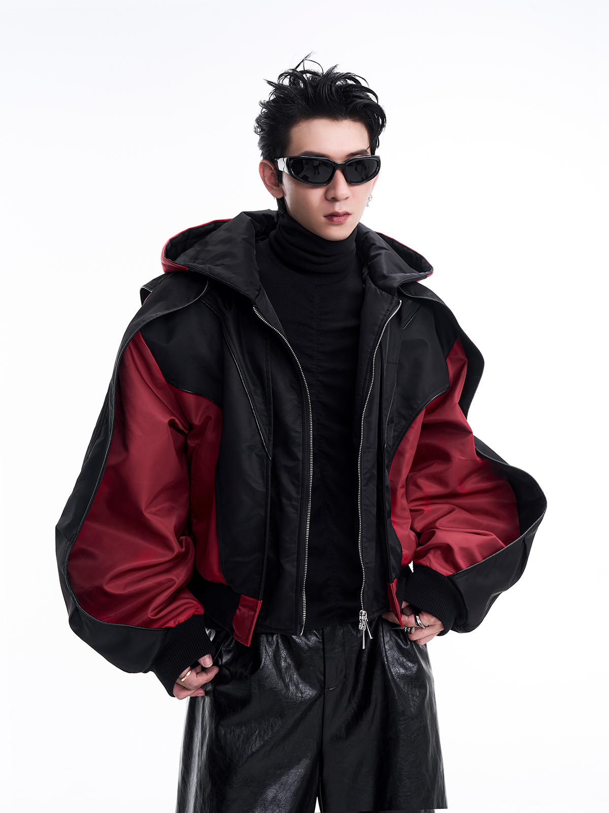 CONTRAST RED BATWING SLEEVE HOODED BOMBER-START EXCEED END