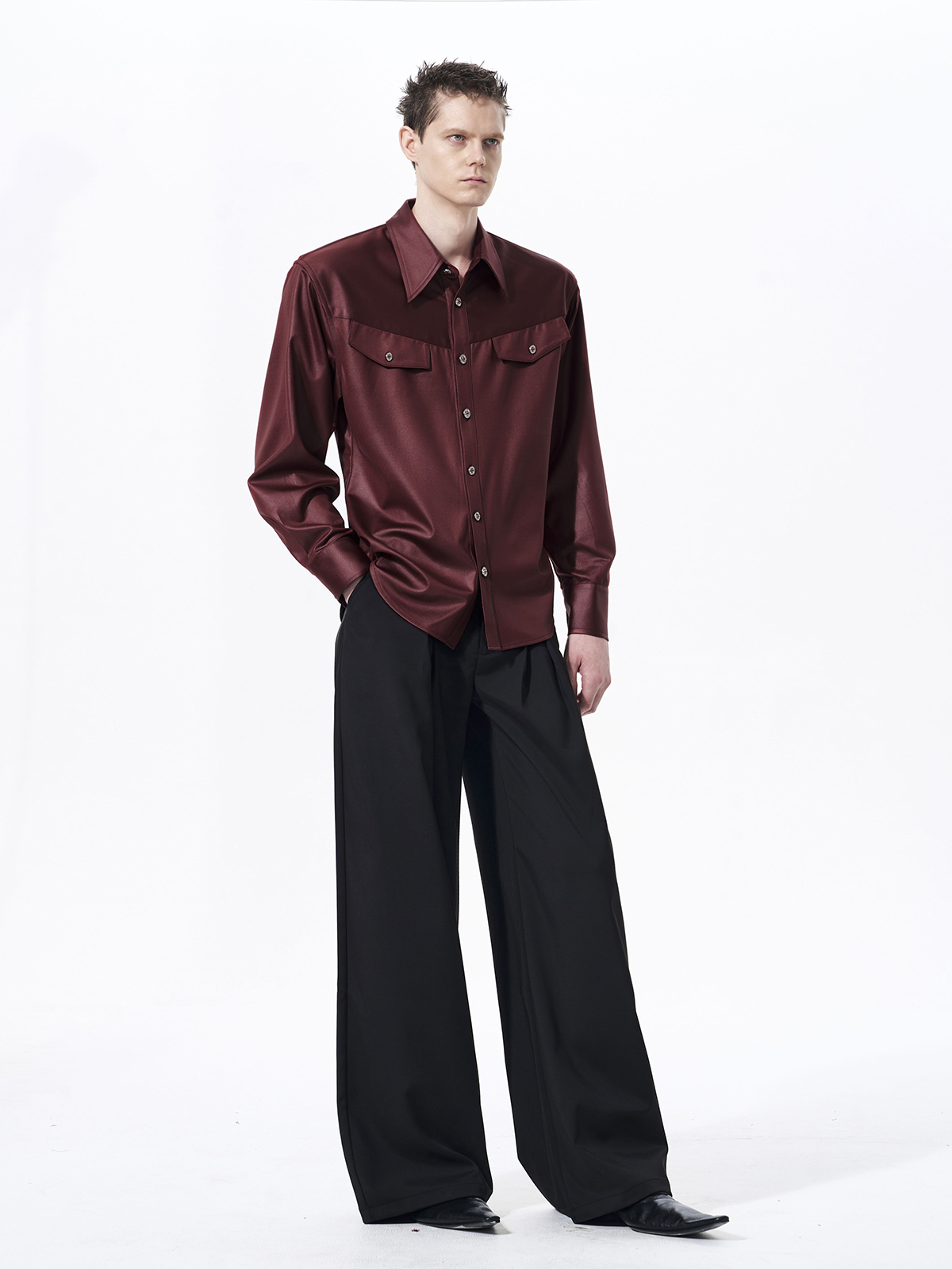 FAUX ACETATE STRUCTURED SHOULDER SHIRT-BURGUNDY