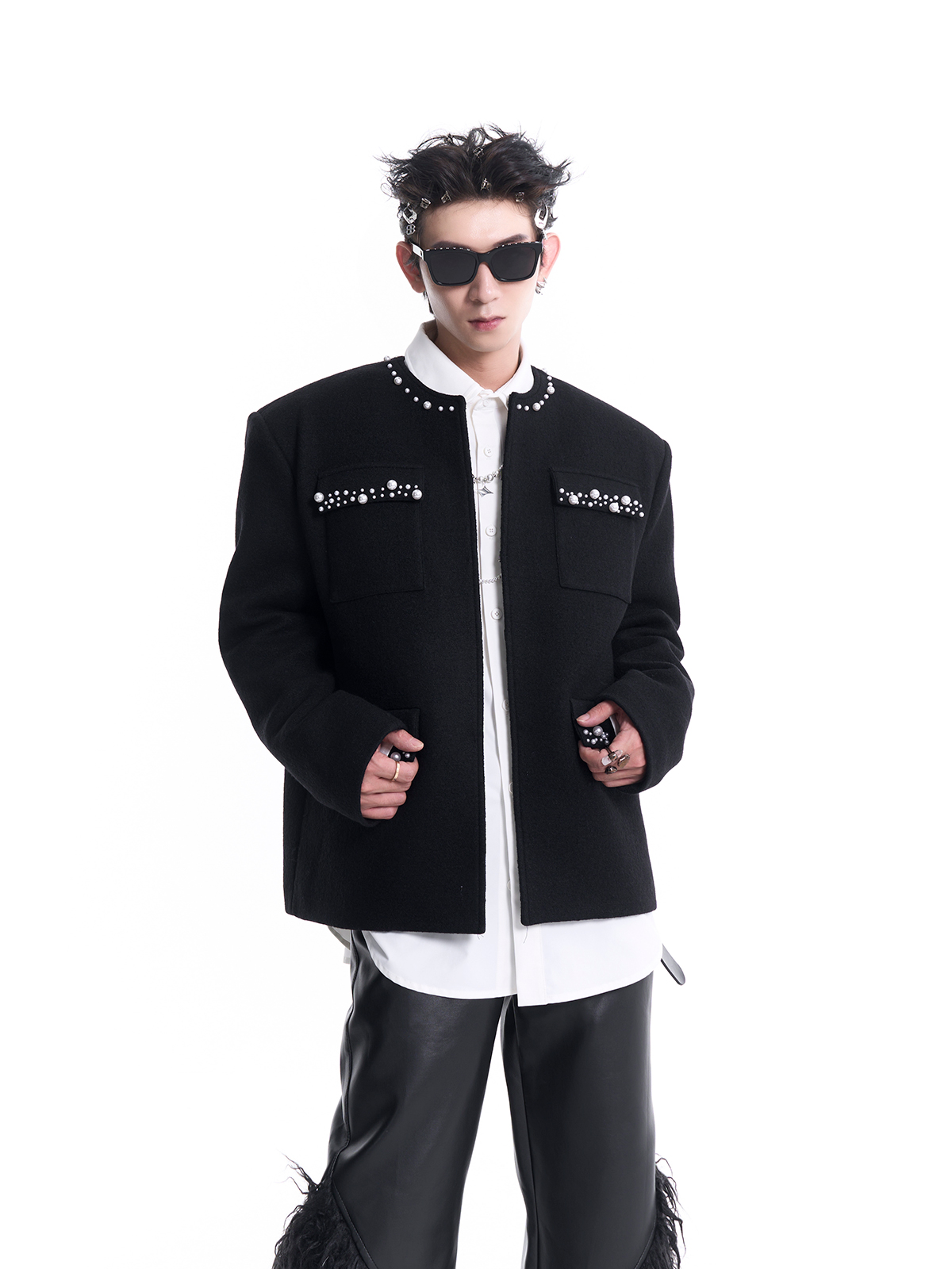 PEARL-TRIMMED COLLARLESS WOOL JACKET-START EXCEED END